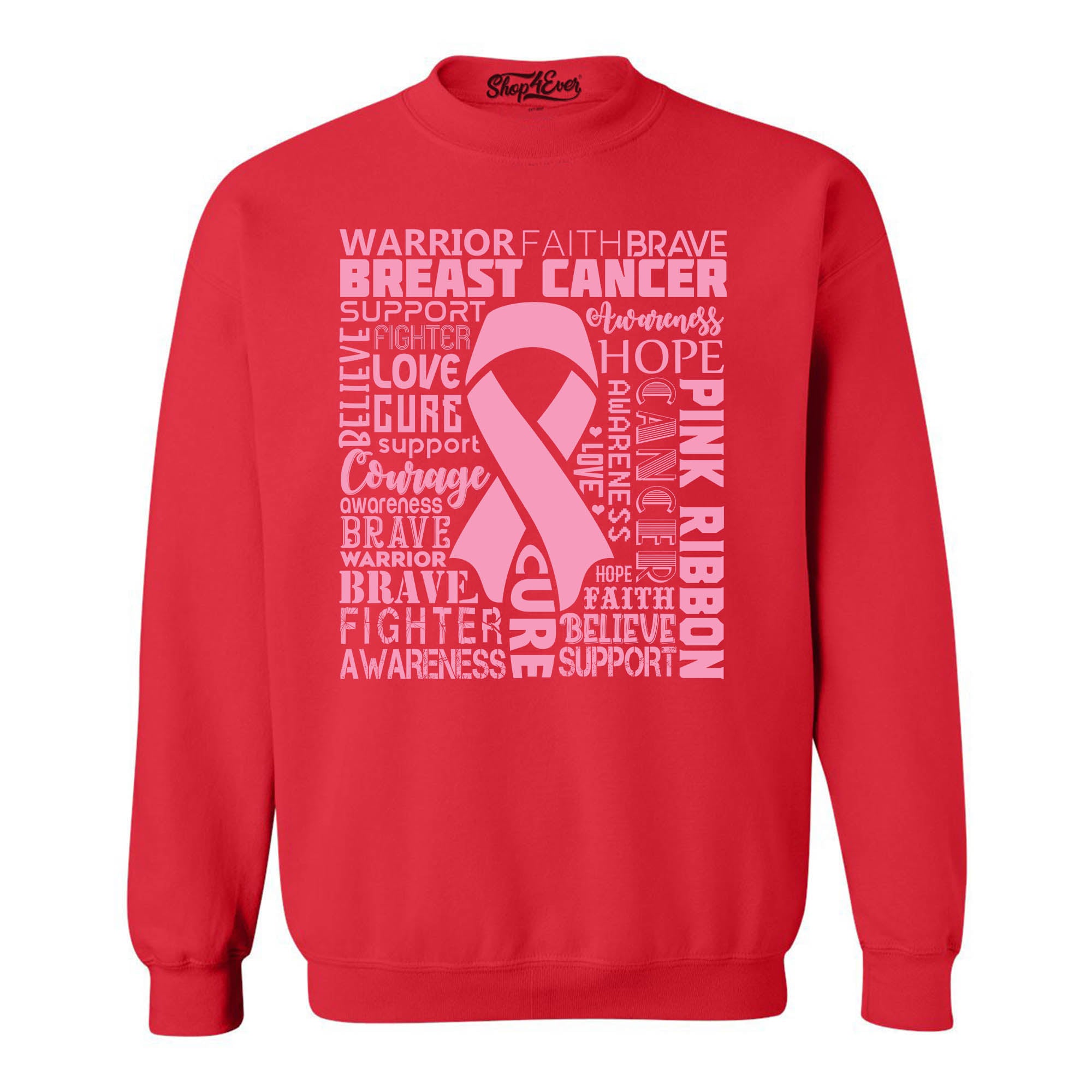 Breast Cancer Awareness Pink Ribbon Word Cloud Crewneck Sweatshirts