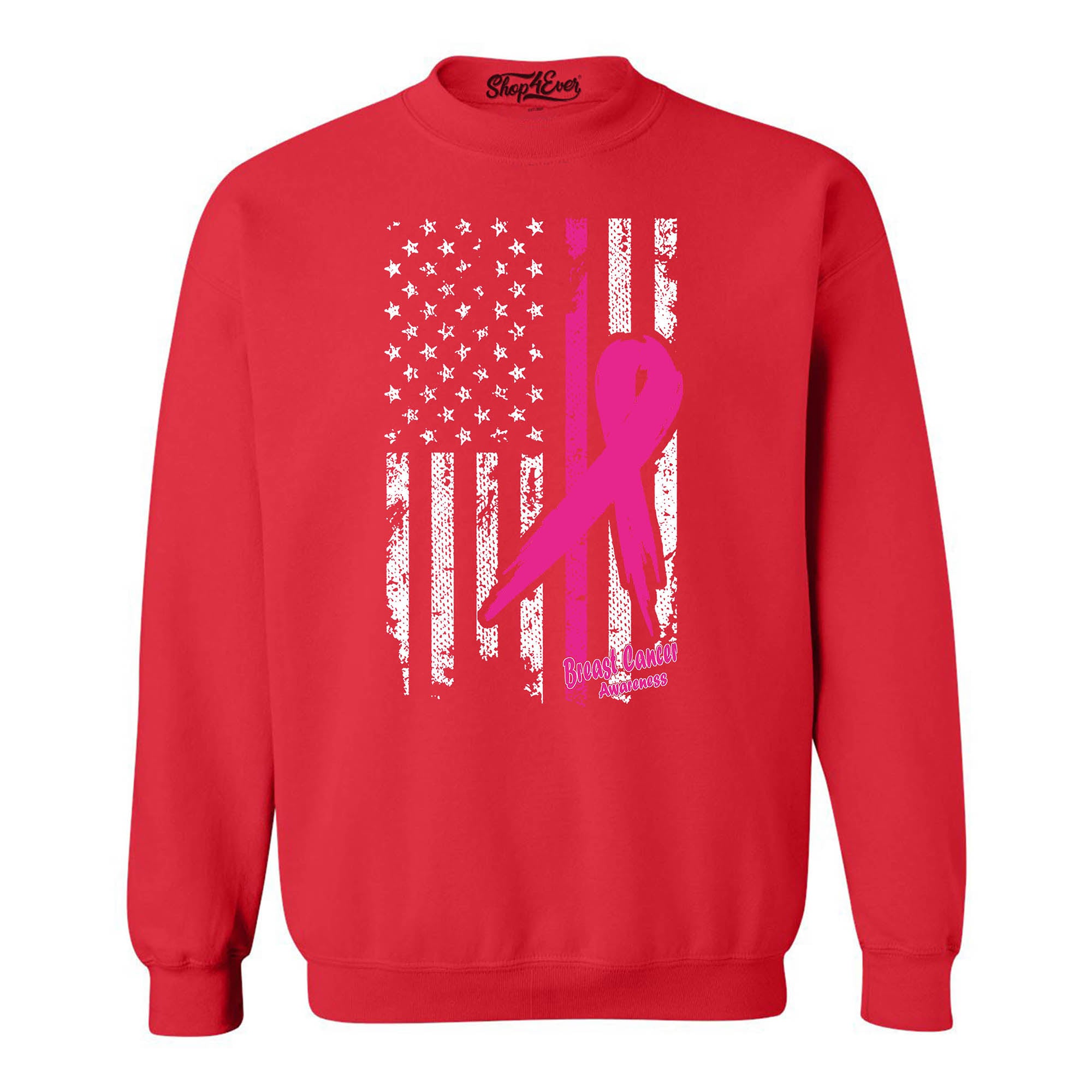 Pink Breast Cancer Ribbon American Flag Crewneck Sweatshirts
