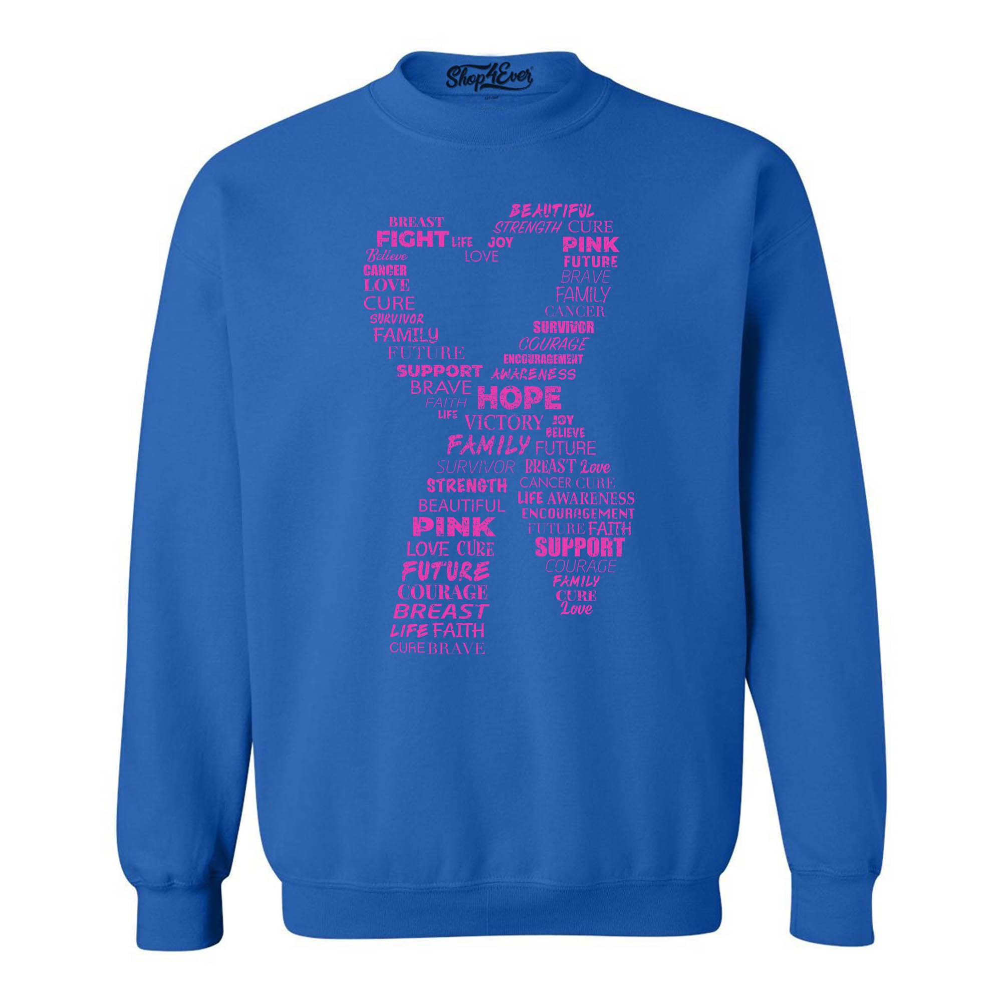 Pink Heart Ribbon Montage Breast Cancer Word Cloud Crewneck Sweatshirts