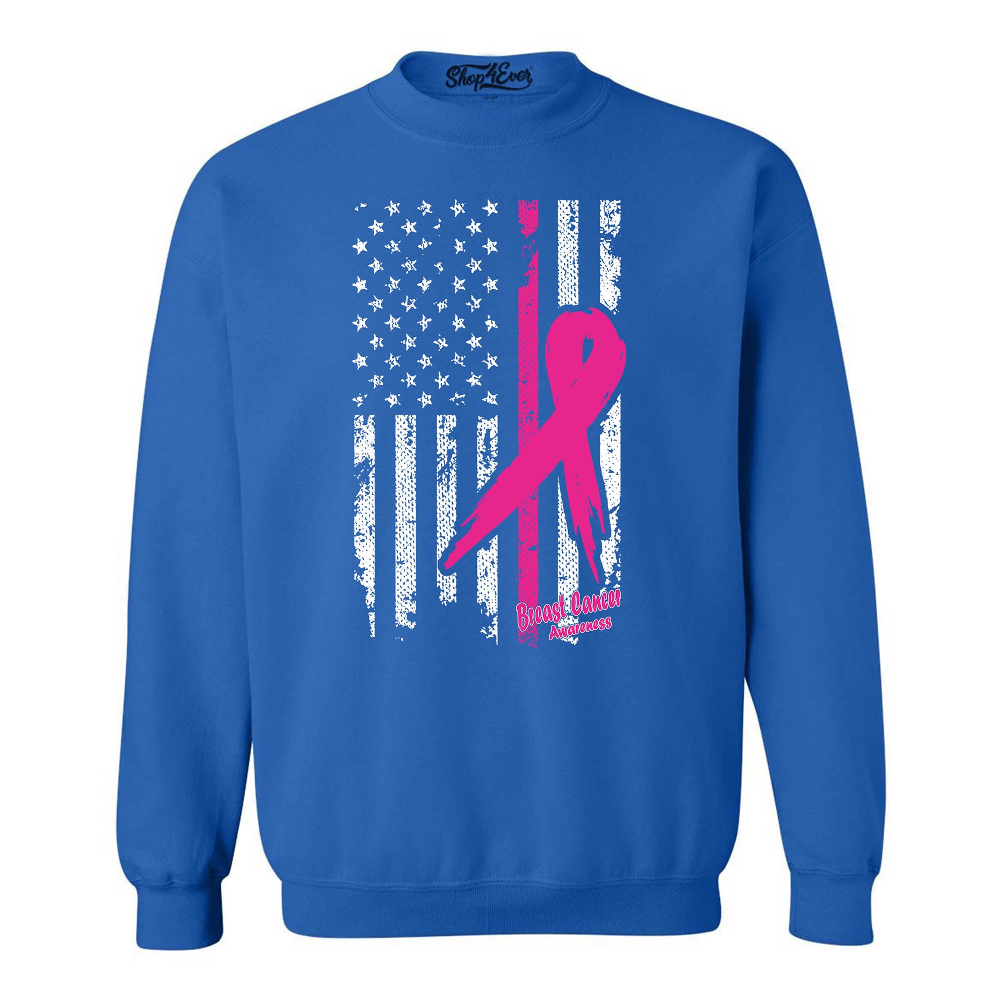 Pink Breast Cancer Ribbon American Flag Crewneck Sweatshirts