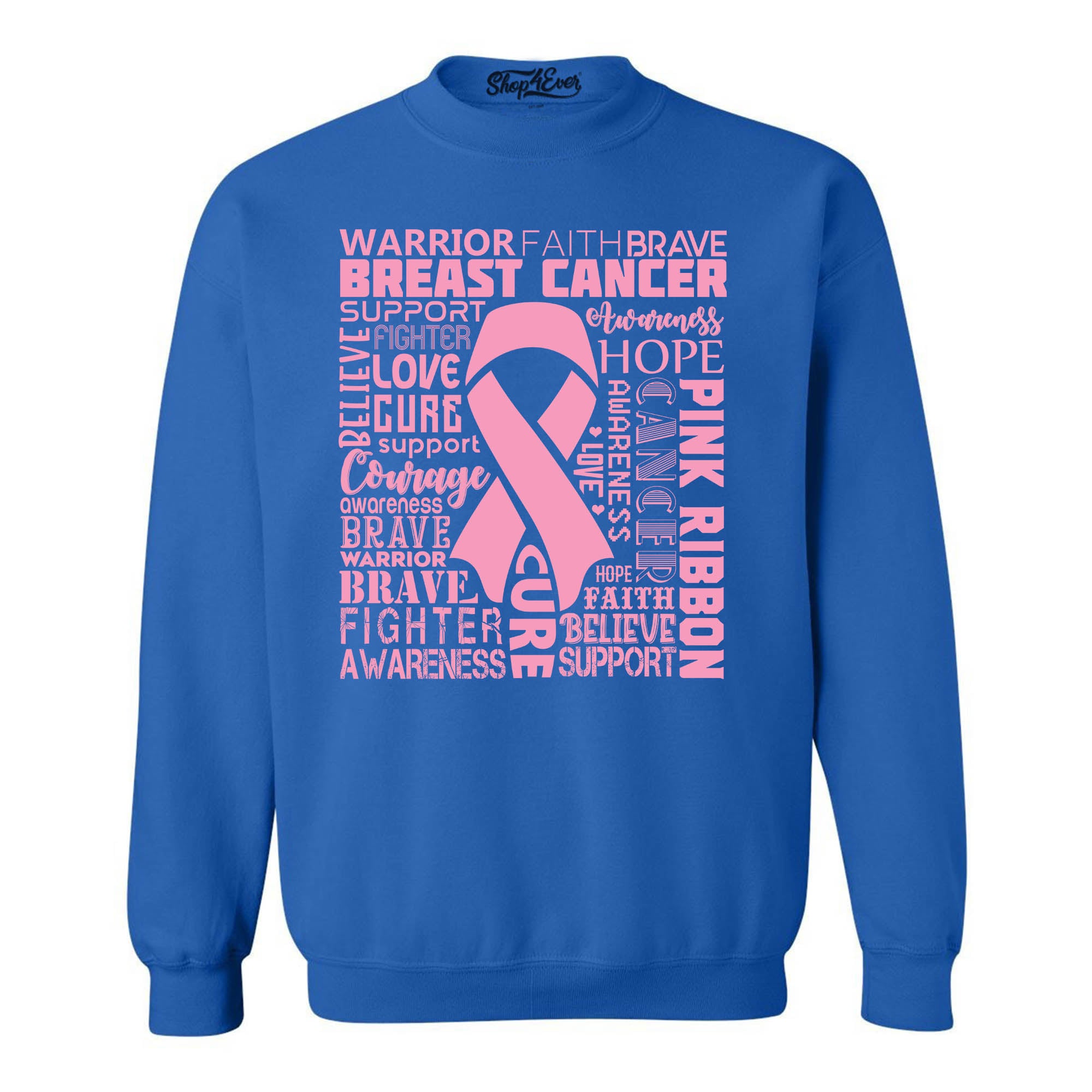 Breast Cancer Awareness Pink Ribbon Word Cloud Crewneck Sweatshirts