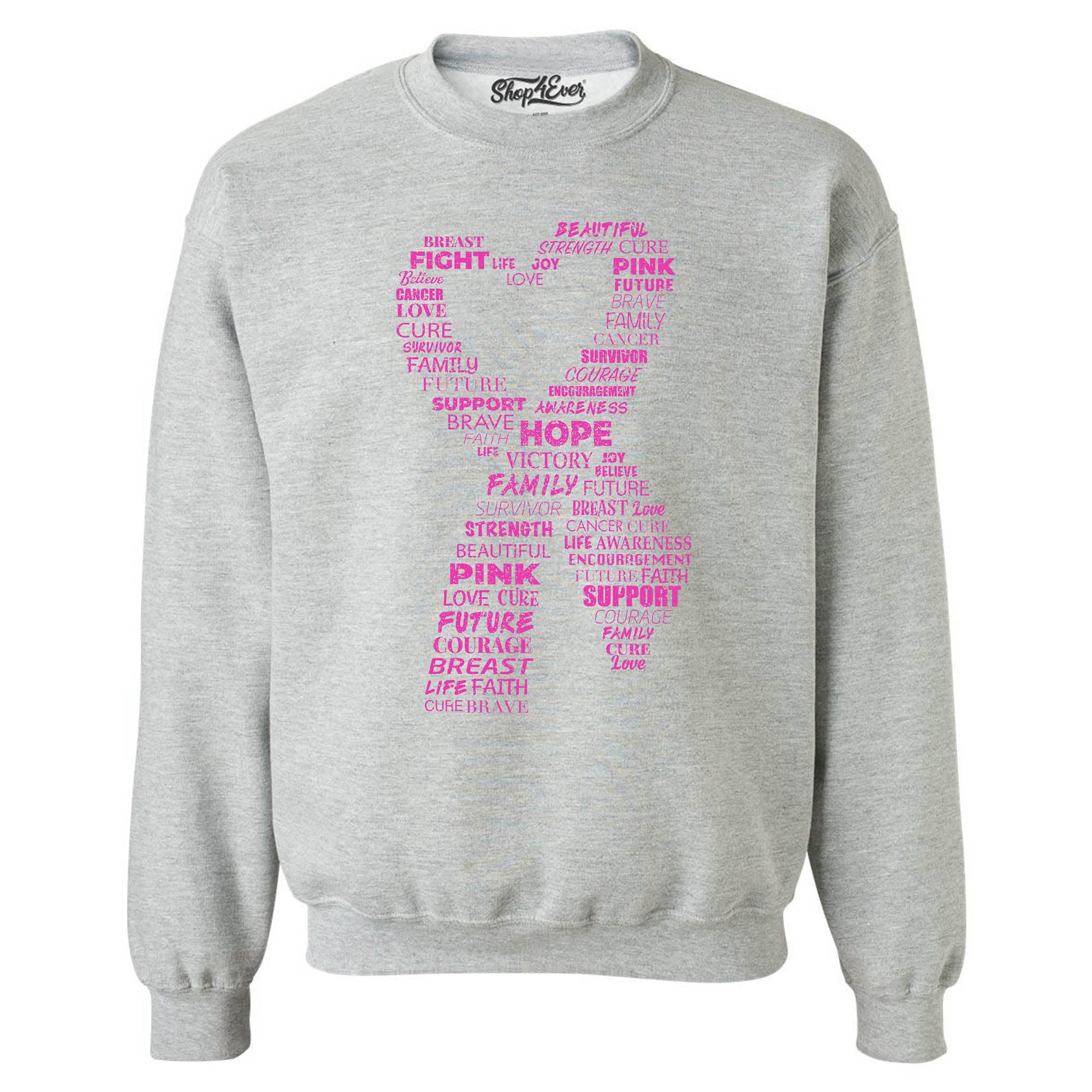 Pink Heart Ribbon Montage Breast Cancer Word Cloud Crewneck Sweatshirts