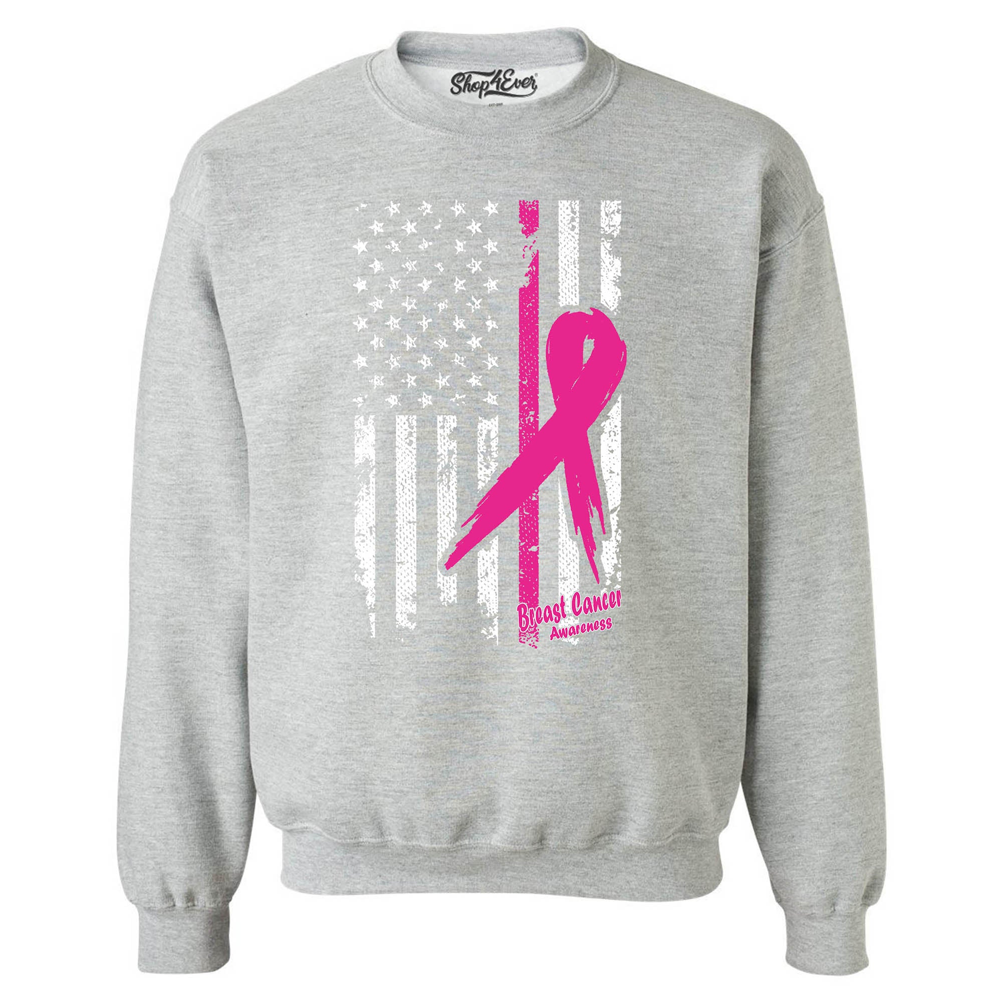 Pink Breast Cancer Ribbon American Flag Crewneck Sweatshirts