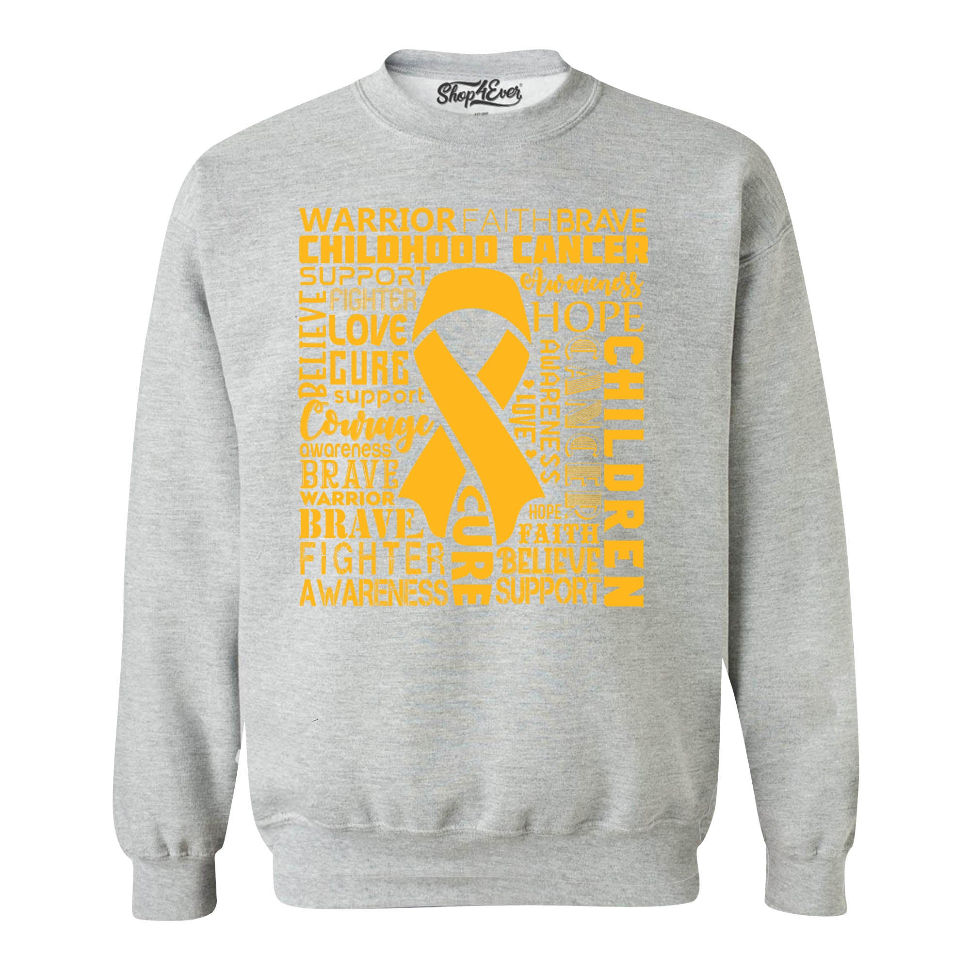 Childhood Cancer Awareness Gold Ribbon Word Cloud Crewneck Sweatshirts