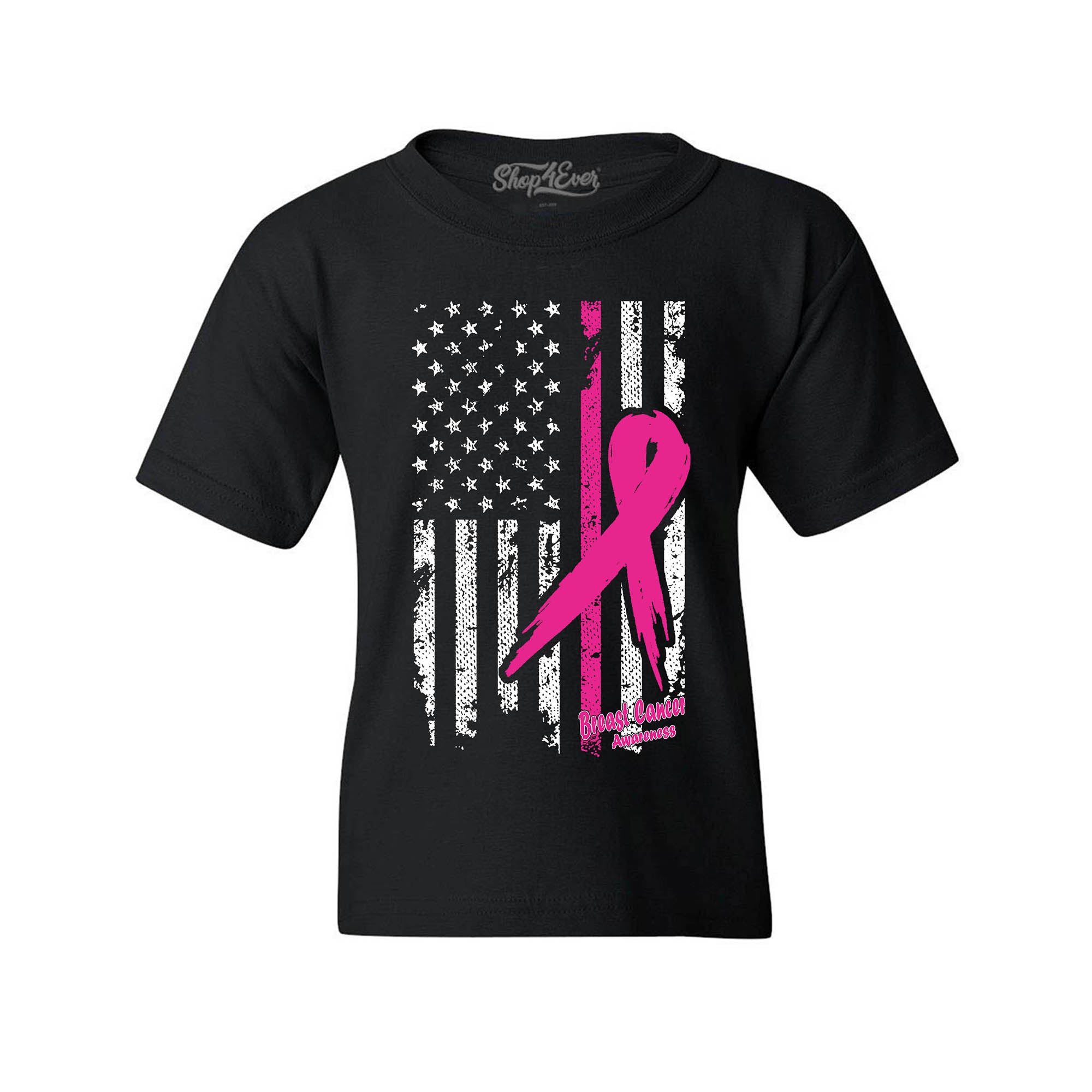 Pink Breast Cancer Ribbon American Flag Youth's T-Shirt Support Awareness Child's Tee