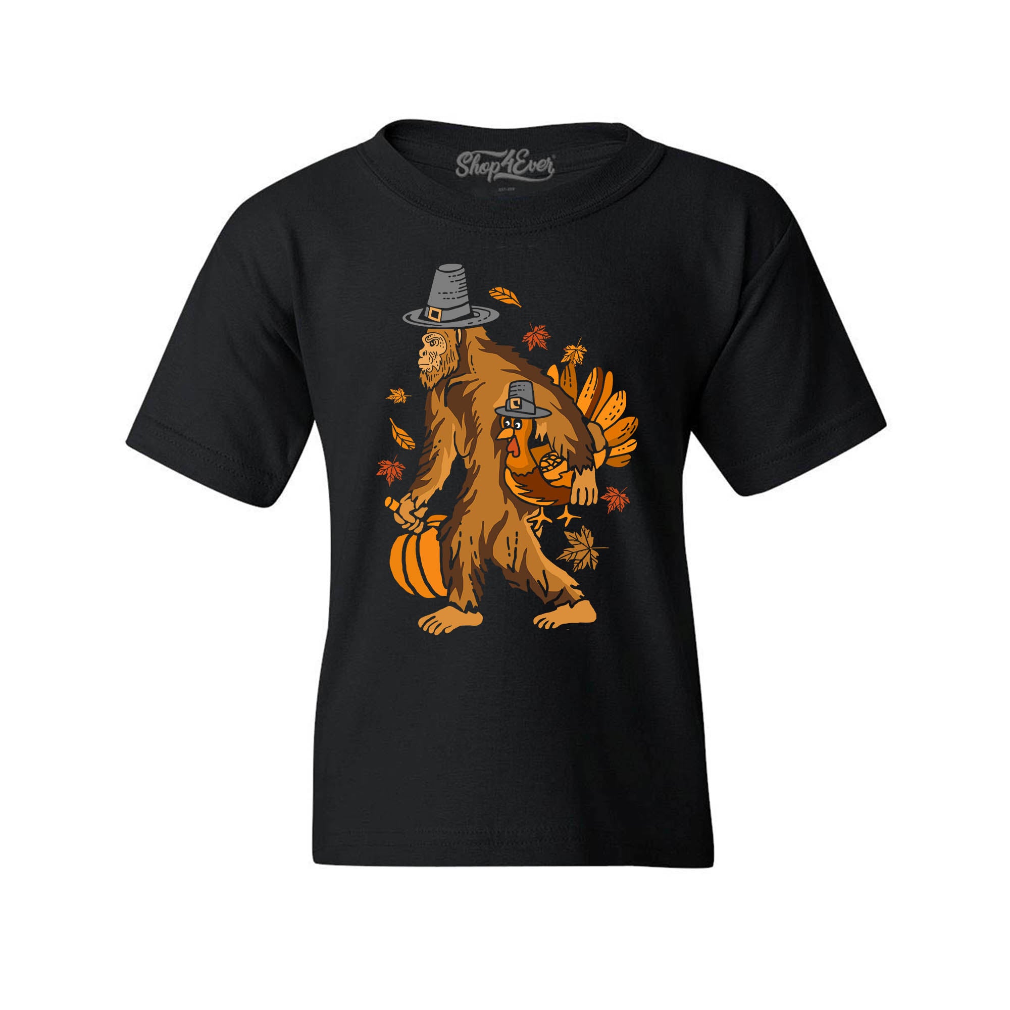 Bigfoot Pilgrim Turkey Pumpkin Thanksgiving Sasquatch Child's T-Shirt Kids Tee