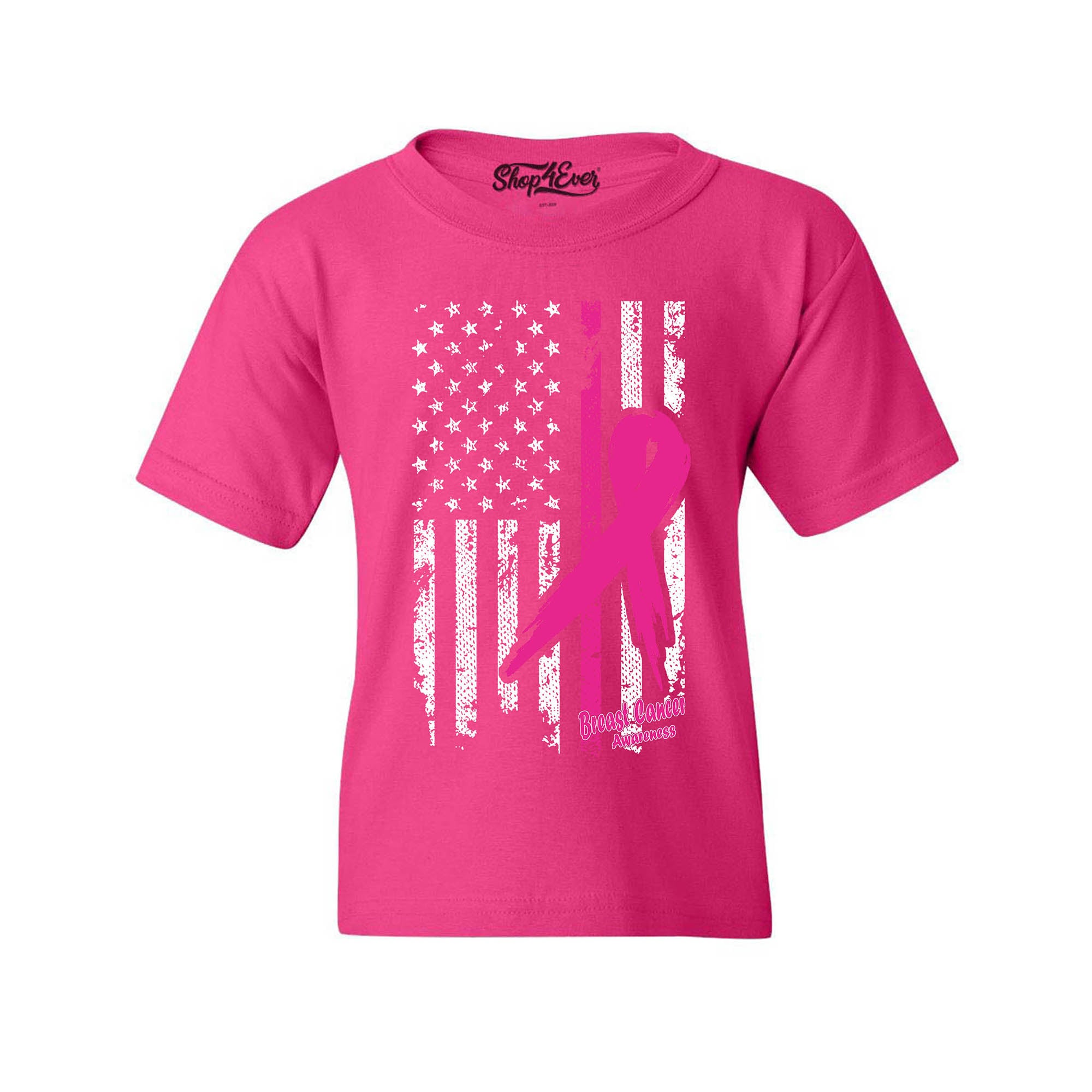 Pink Breast Cancer Ribbon American Flag Youth's T-Shirt Support Awareness Child's Tee