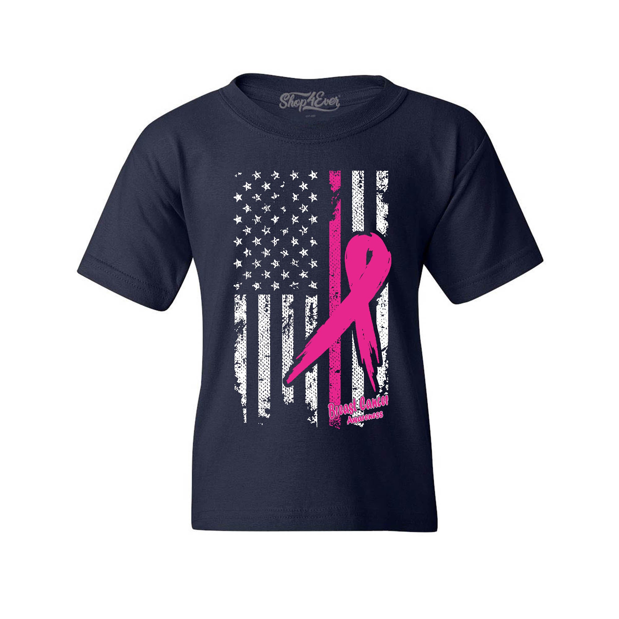 Pink Breast Cancer Ribbon American Flag Youth's T-Shirt Support Awareness Child's Tee