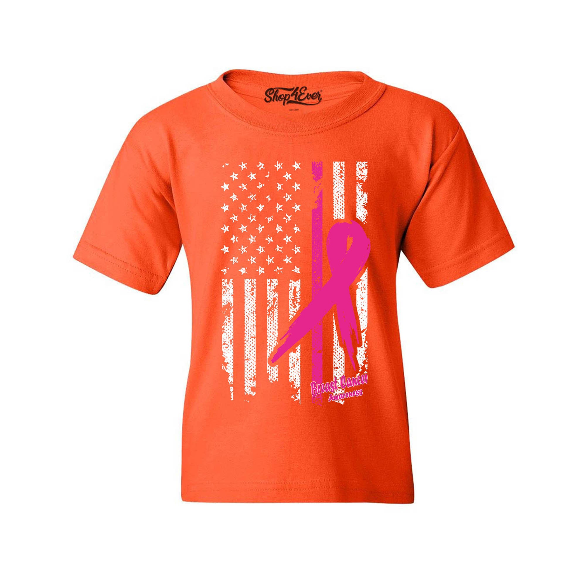 Pink Breast Cancer Ribbon American Flag Youth's T-Shirt Support Awareness Child's Tee
