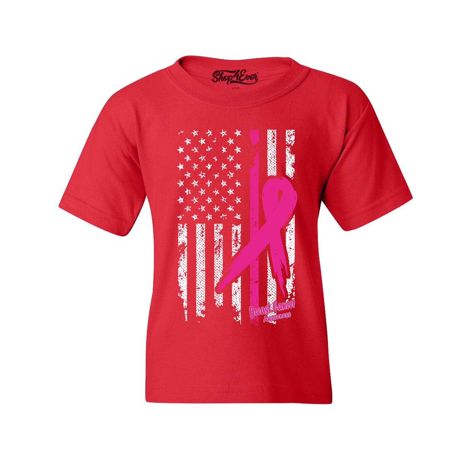 Pink Breast Cancer Ribbon American Flag Youth's T-Shirt Support Awareness Child's Tee