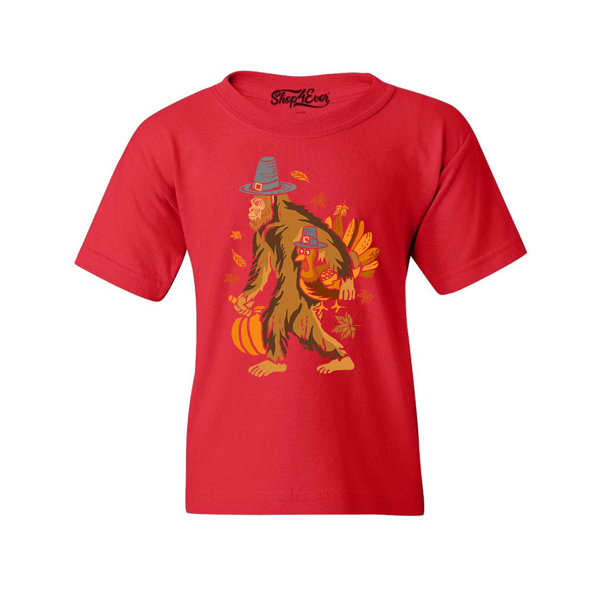 Bigfoot Pilgrim Turkey Pumpkin Thanksgiving Sasquatch Child's T-Shirt Kids Tee