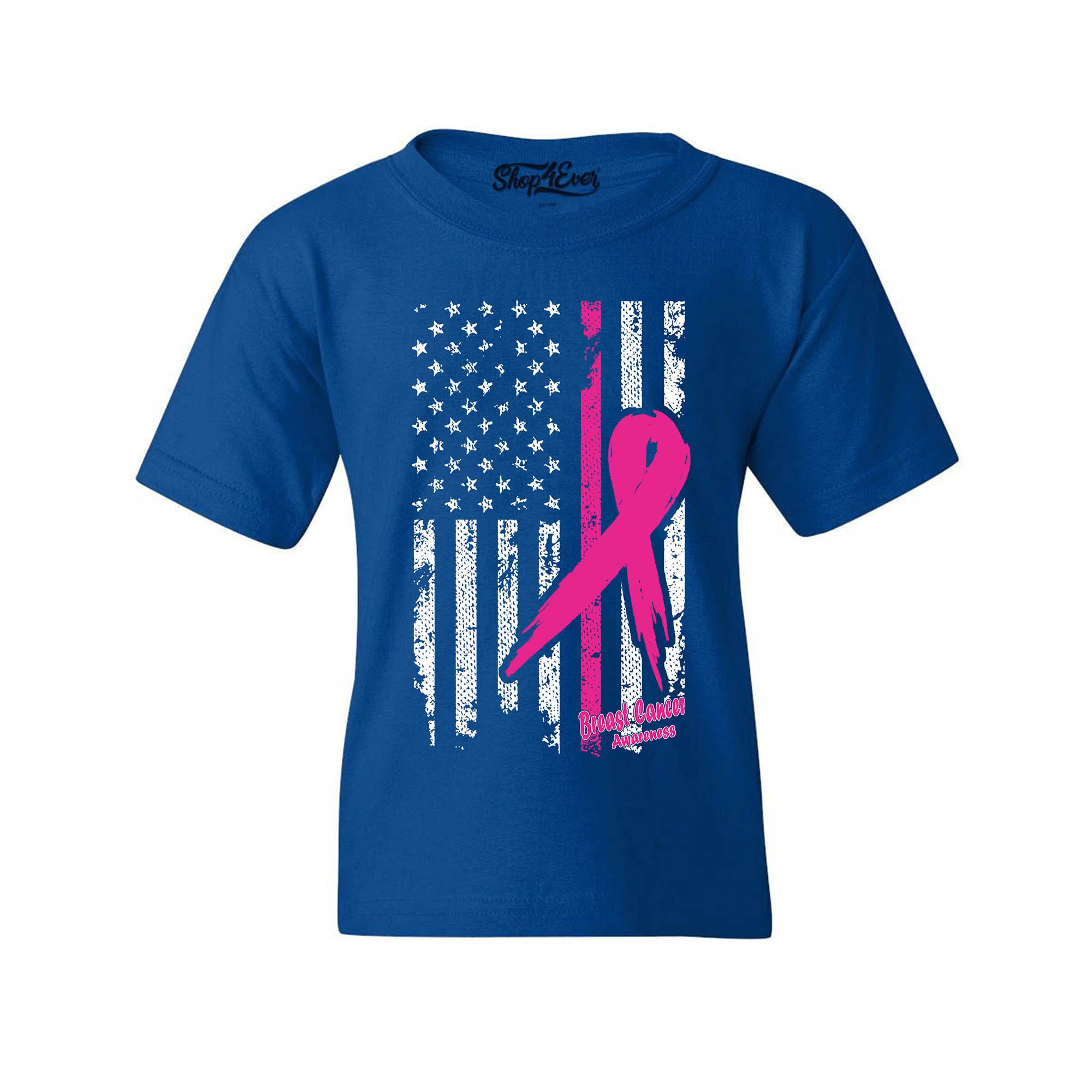 Pink Breast Cancer Ribbon American Flag Youth's T-Shirt Support Awareness Child's Tee