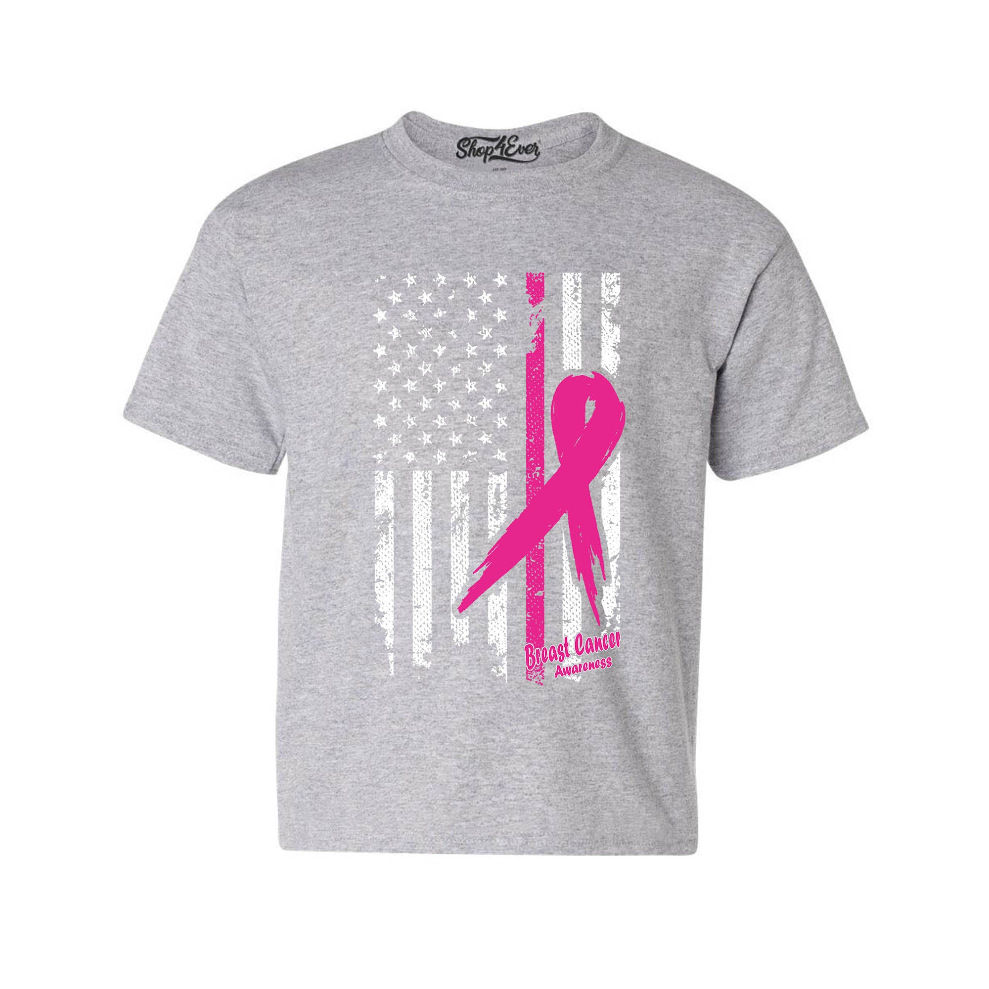 Pink Breast Cancer Ribbon American Flag Youth's T-Shirt Support Awareness Child's Tee