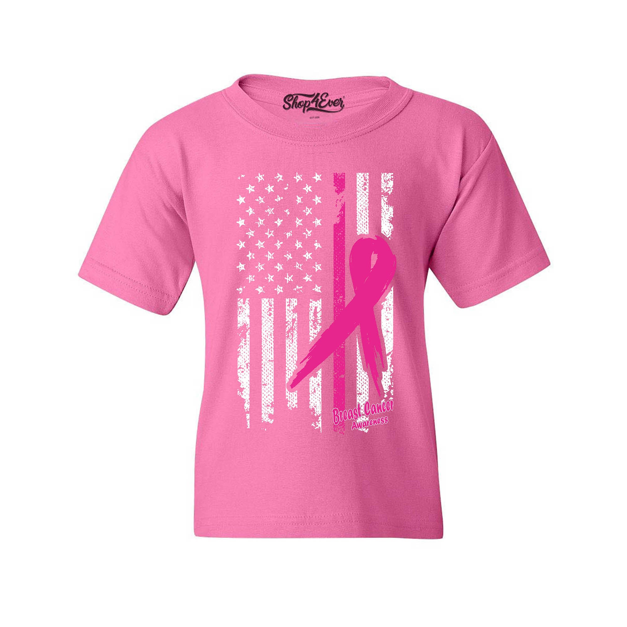 Pink Breast Cancer Ribbon American Flag Youth's T-Shirt Support Awareness Child's Tee