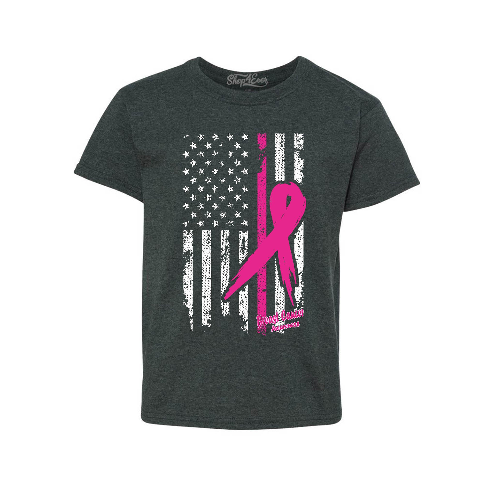 Pink Breast Cancer Ribbon American Flag Youth's T-Shirt Support Awareness Child's Tee