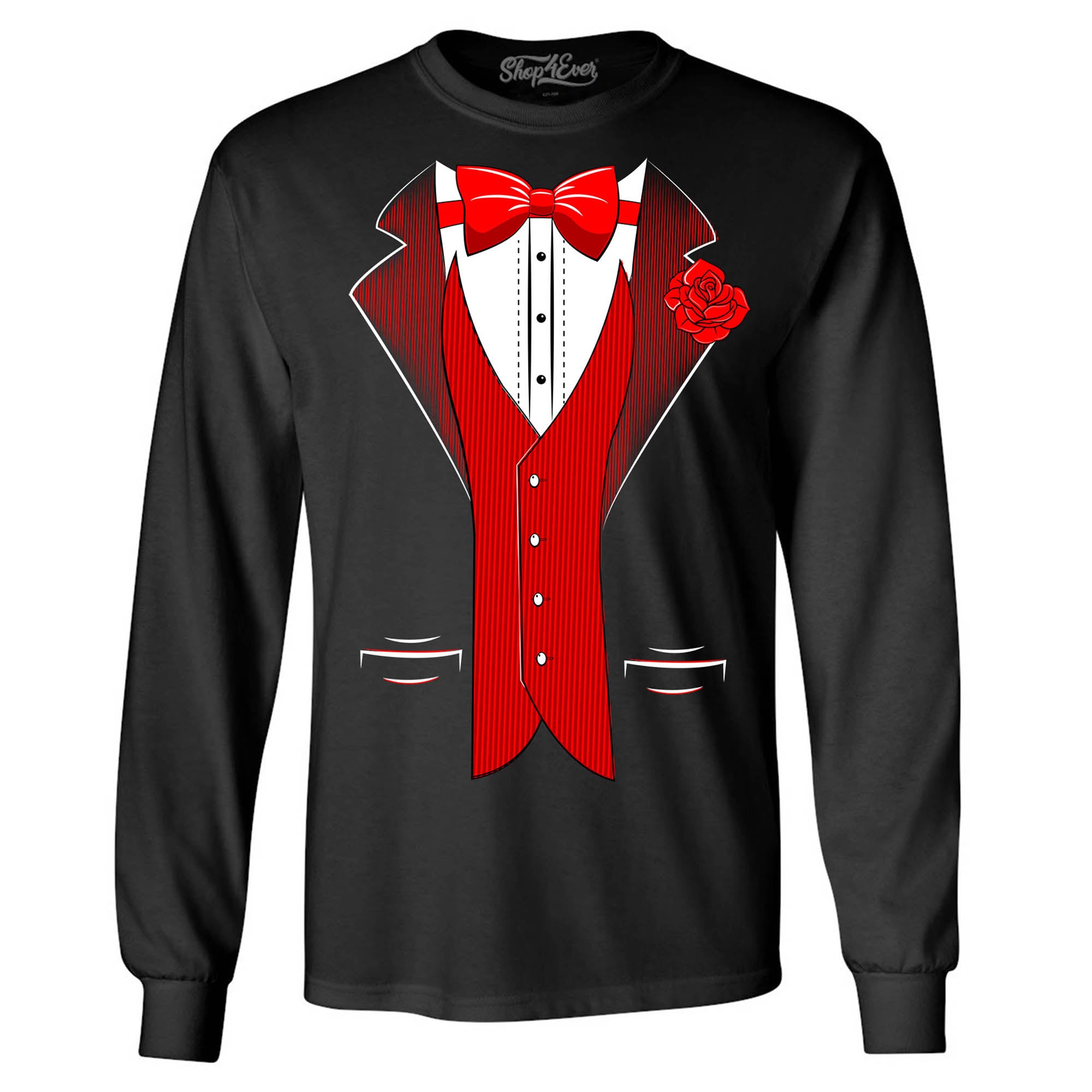 Classic Tuxedo with Red Rose Long Sleeve Shirt Party Costume Shirt