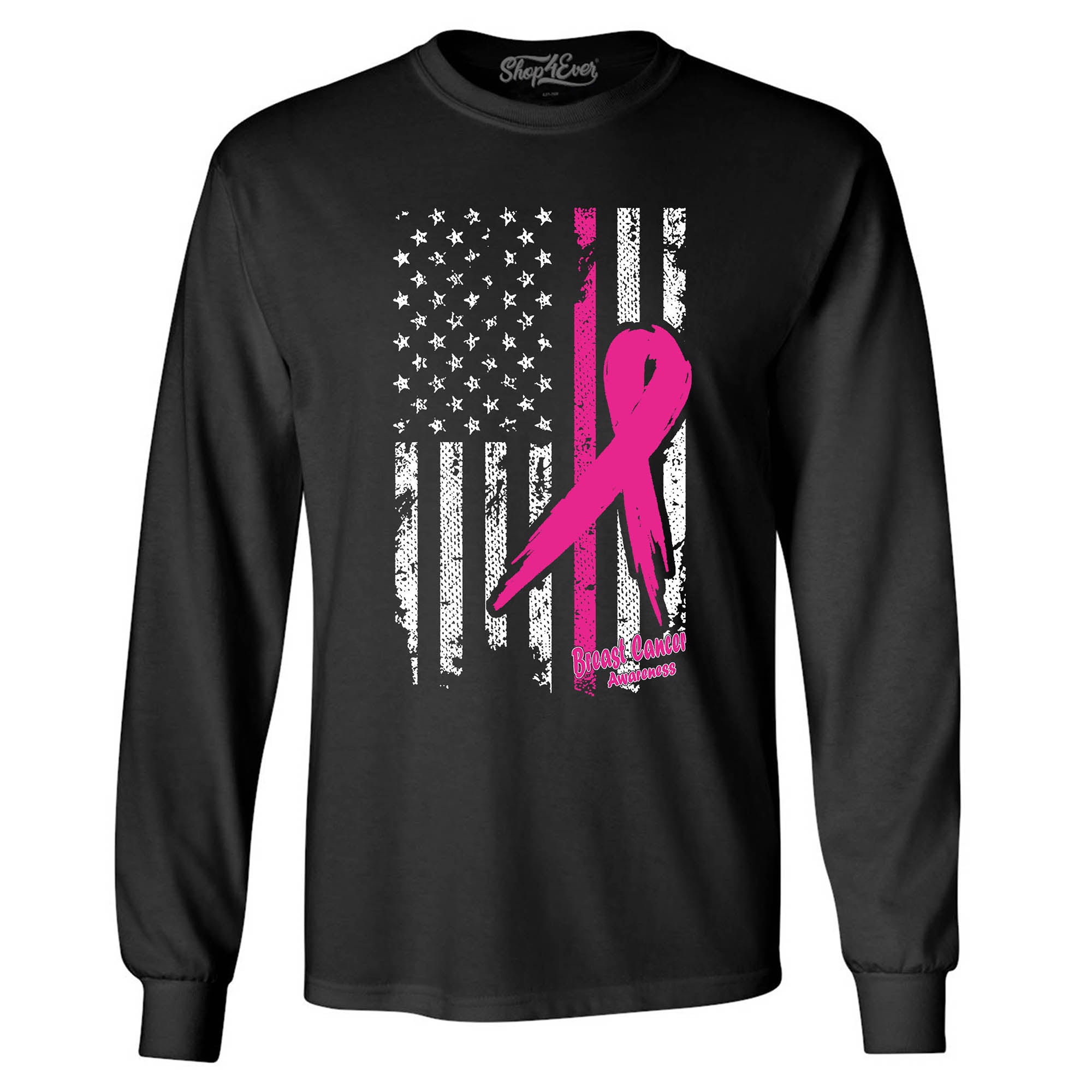 Pink Breast Cancer Ribbon American Flag Men's Long Sleeve Shirt