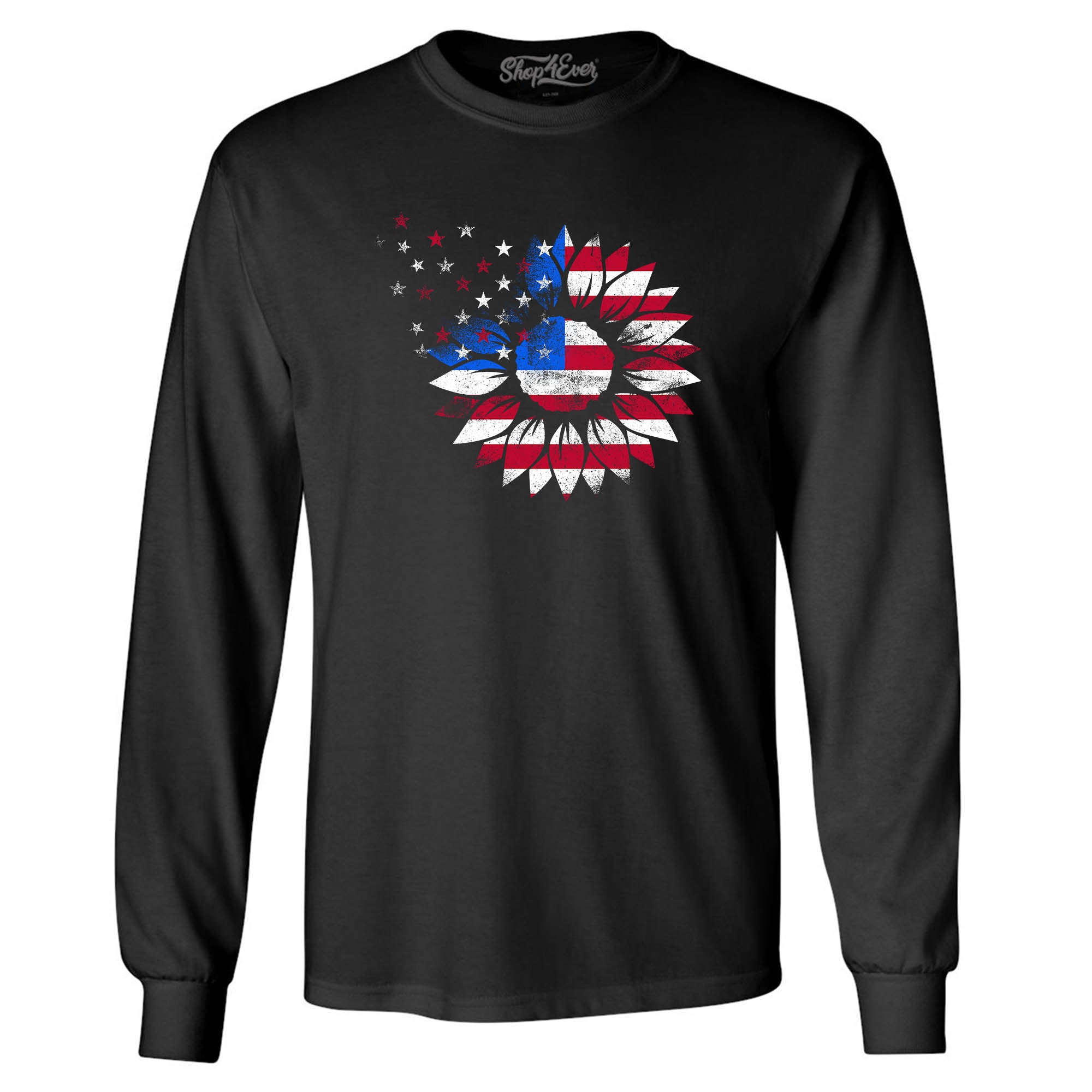 American Flag Sunflower Flower Star 4th of July Long Sleeve Shirt