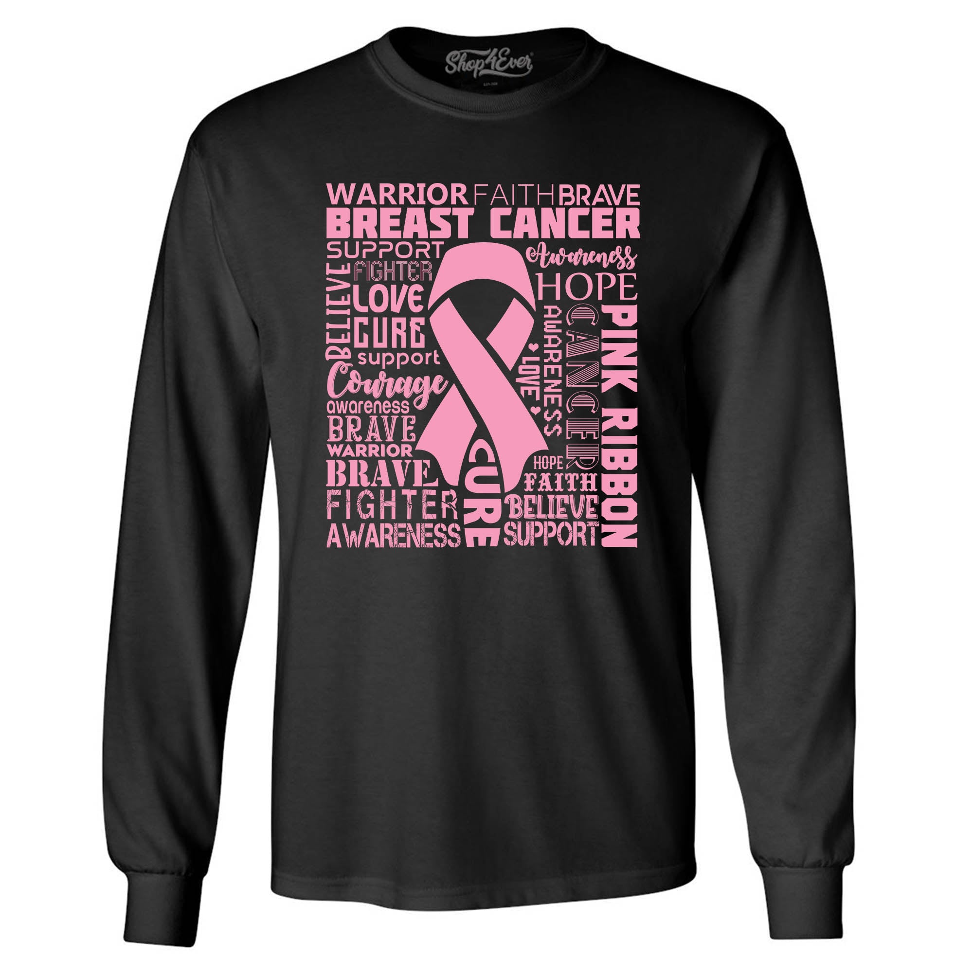 Breast Cancer Awareness Pink Ribbon Word Cloud Long Sleeve Shirt