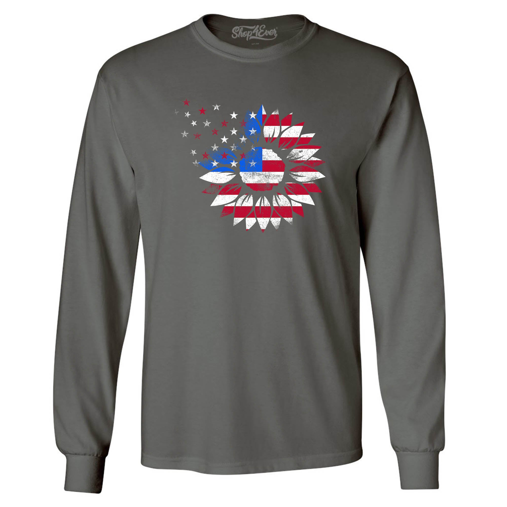 American Flag Sunflower Flower Star 4th of July Long Sleeve Shirt