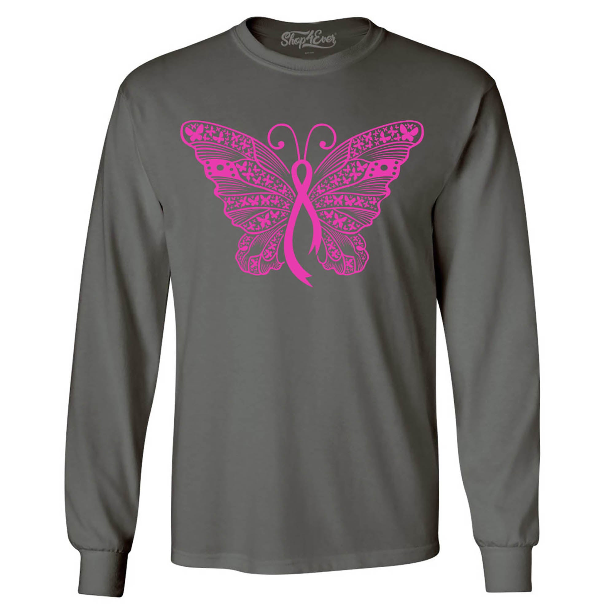 Pink Ribbon Butterfly Breast Cancer Awareness Long Sleeve Shirt