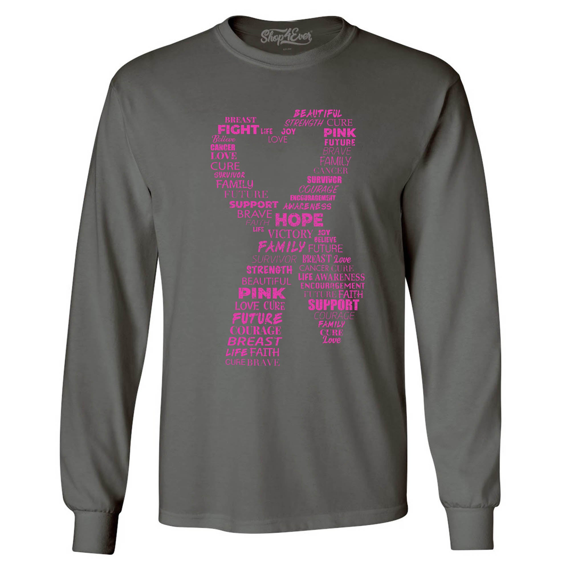 Pink Heart Ribbon Montage Breast Cancer Word Cloud Long Sleeve Shirt