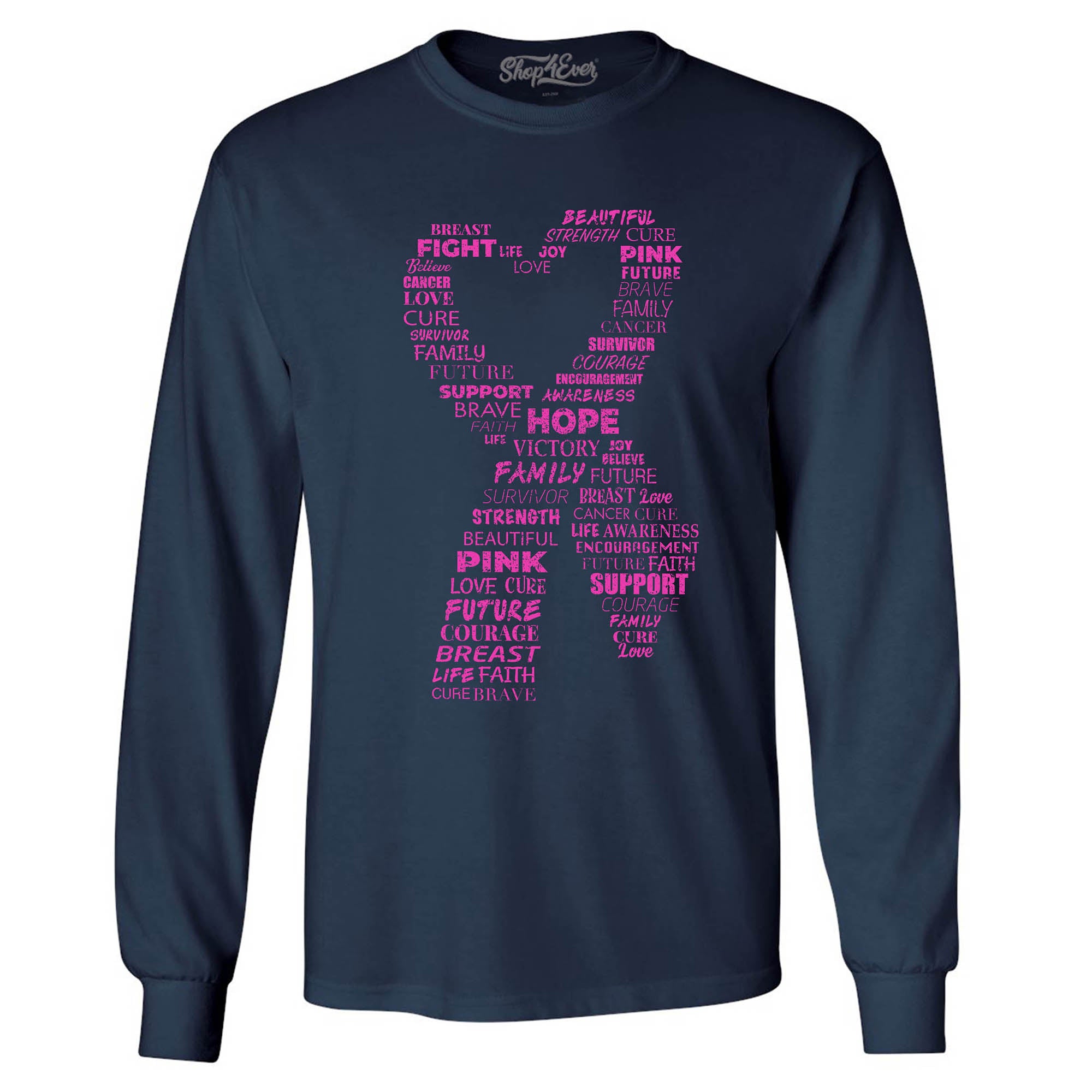 Pink Heart Ribbon Montage Breast Cancer Word Cloud Long Sleeve Shirt