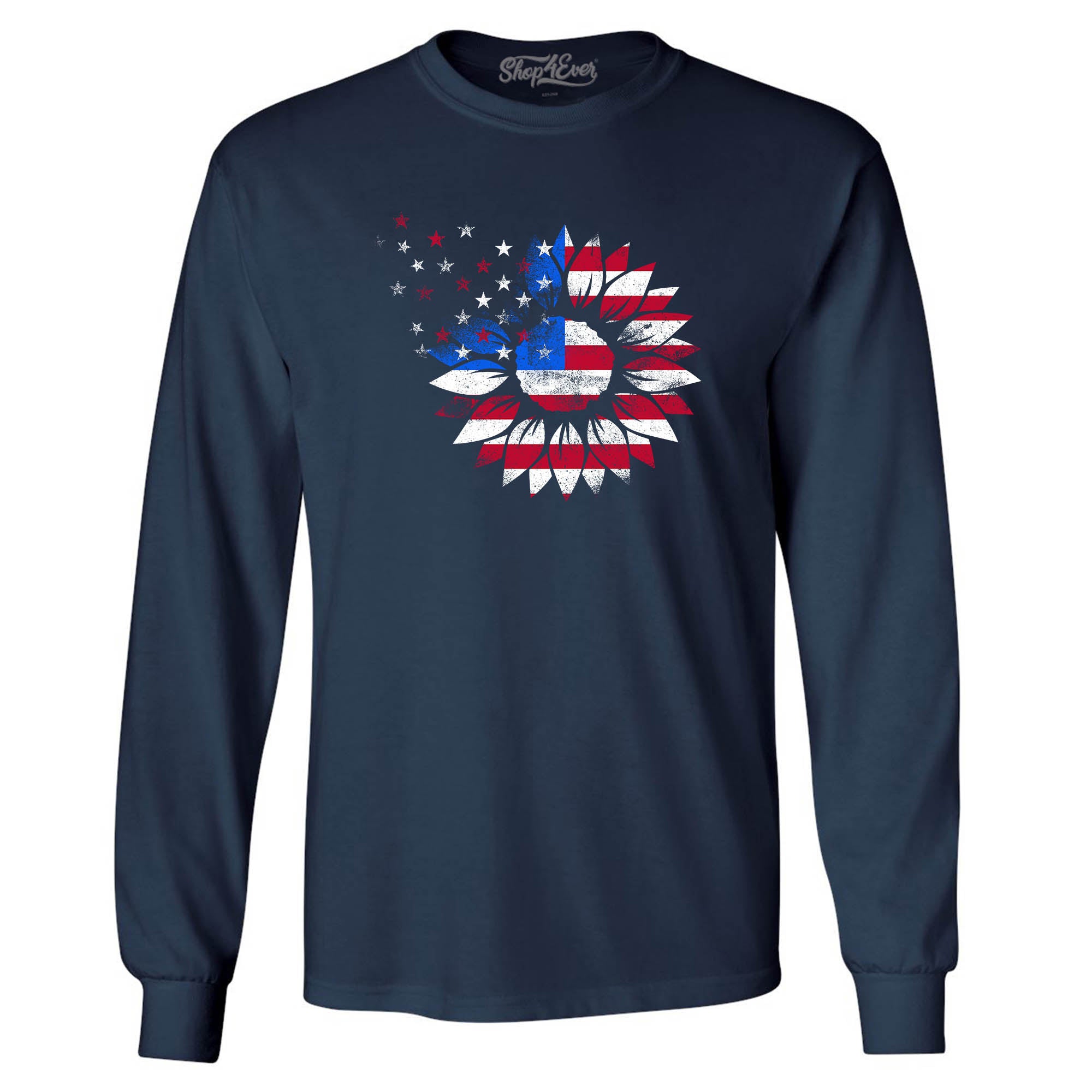 American Flag Sunflower Flower Star 4th of July Long Sleeve Shirt