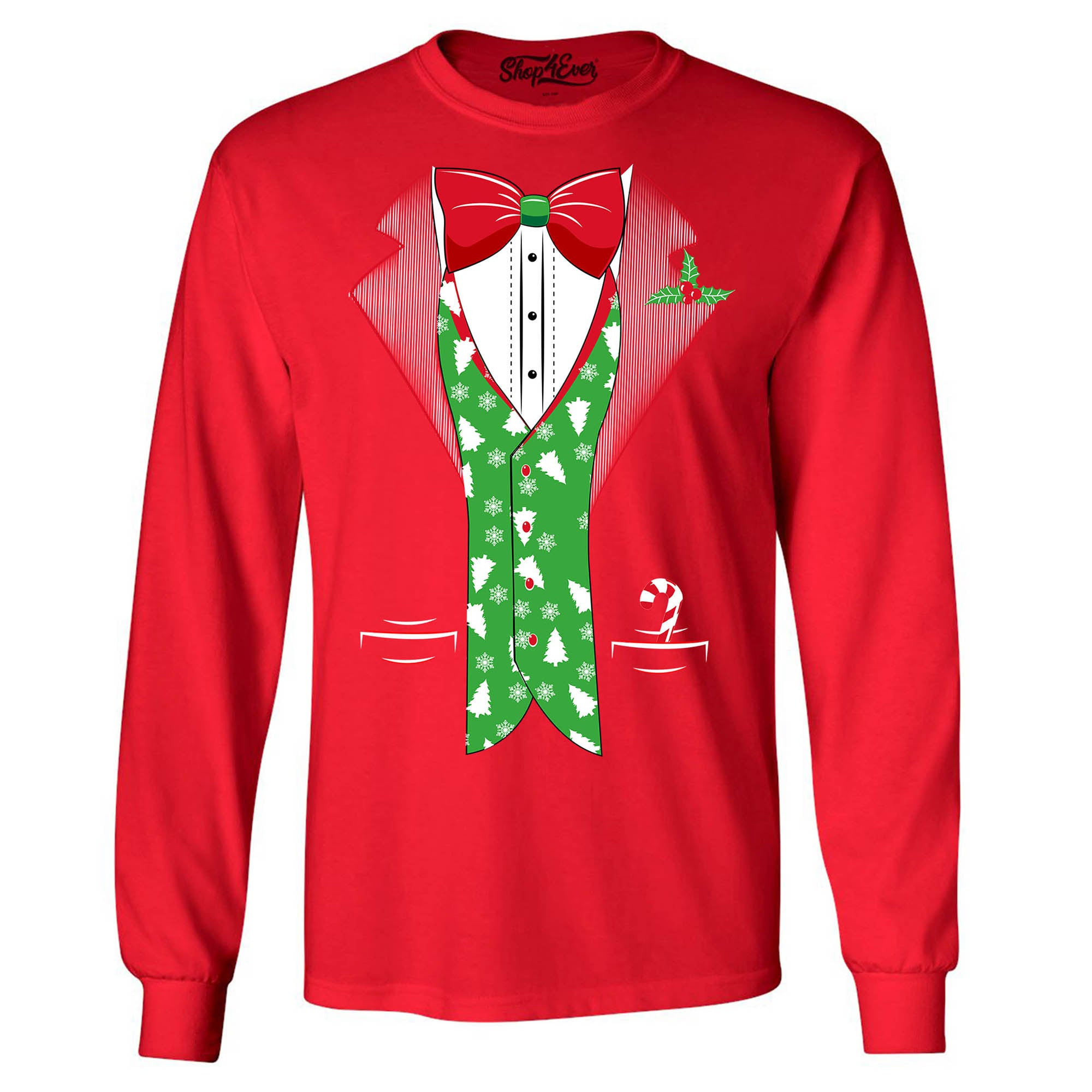 Tuxedo Christmas Costume Tree Vest Holiday Xmas Long Sleeve Shirt