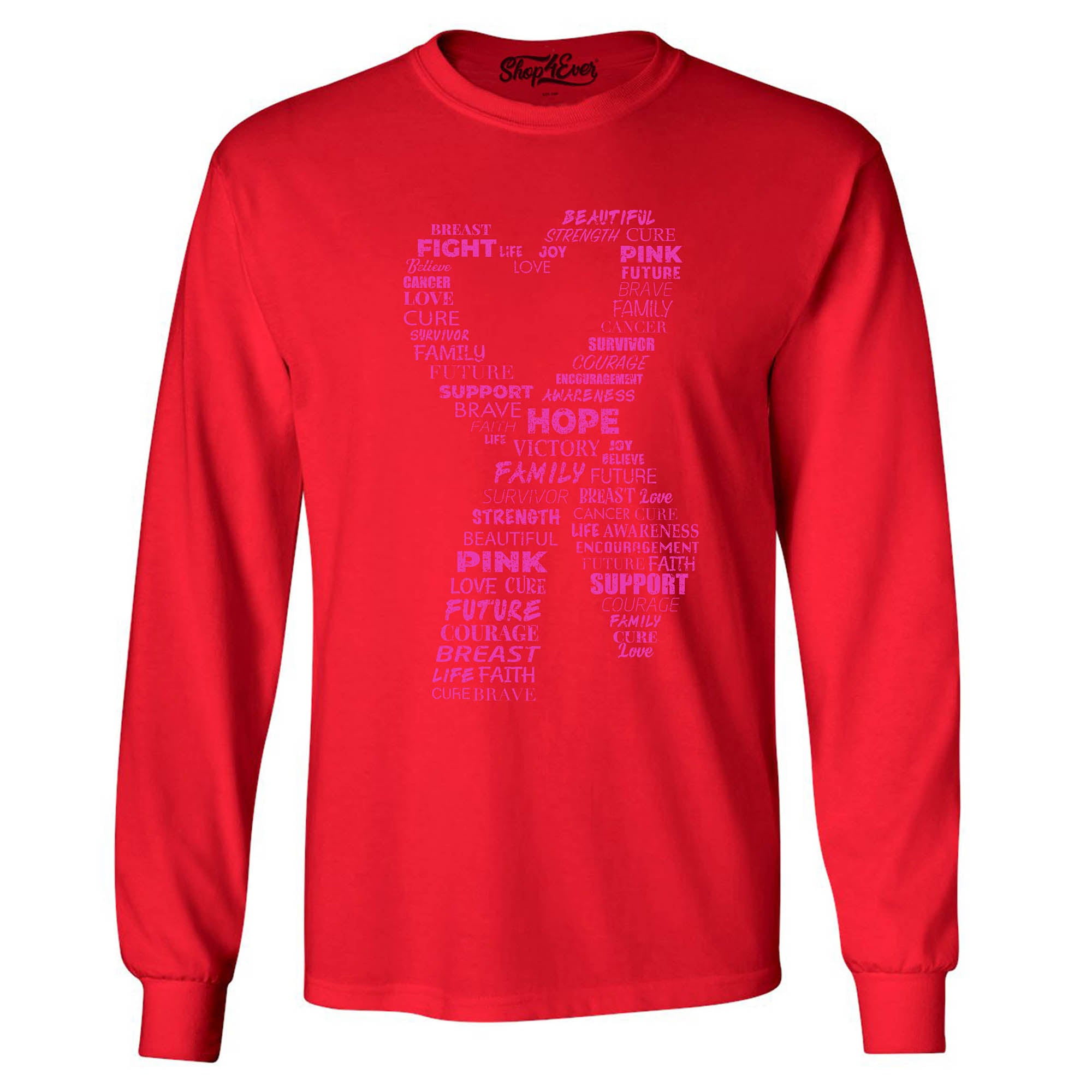 Pink Heart Ribbon Montage Breast Cancer Word Cloud Long Sleeve Shirt