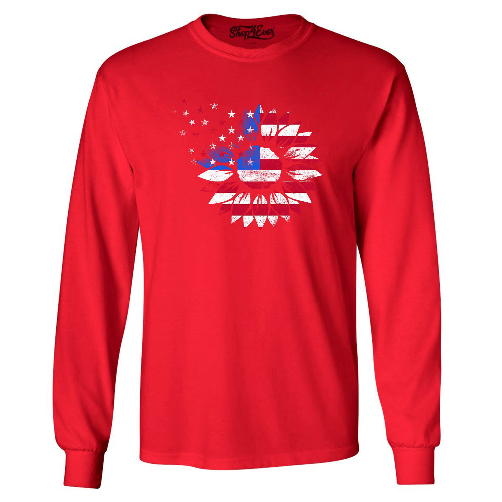American Flag Sunflower Flower Star 4th of July Long Sleeve Shirt