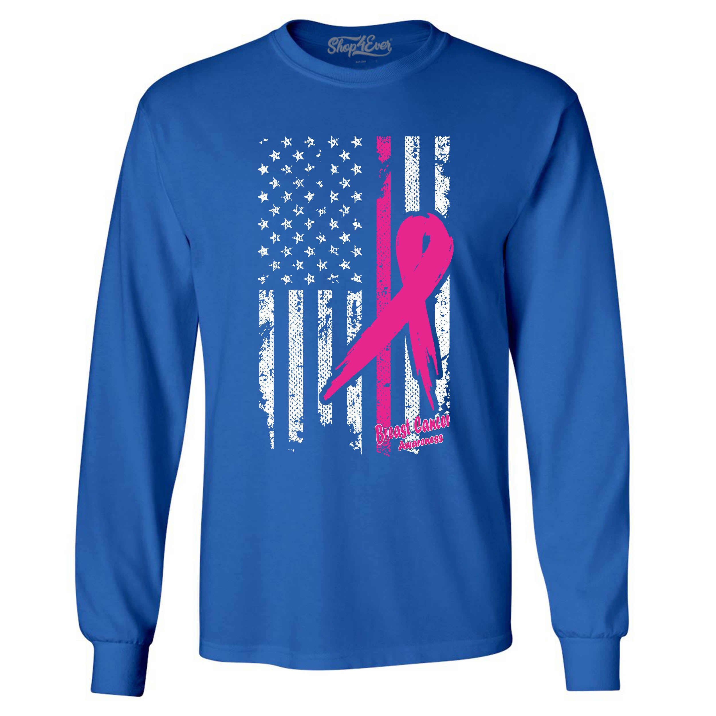 Pink Breast Cancer Ribbon American Flag Men's Long Sleeve Shirt