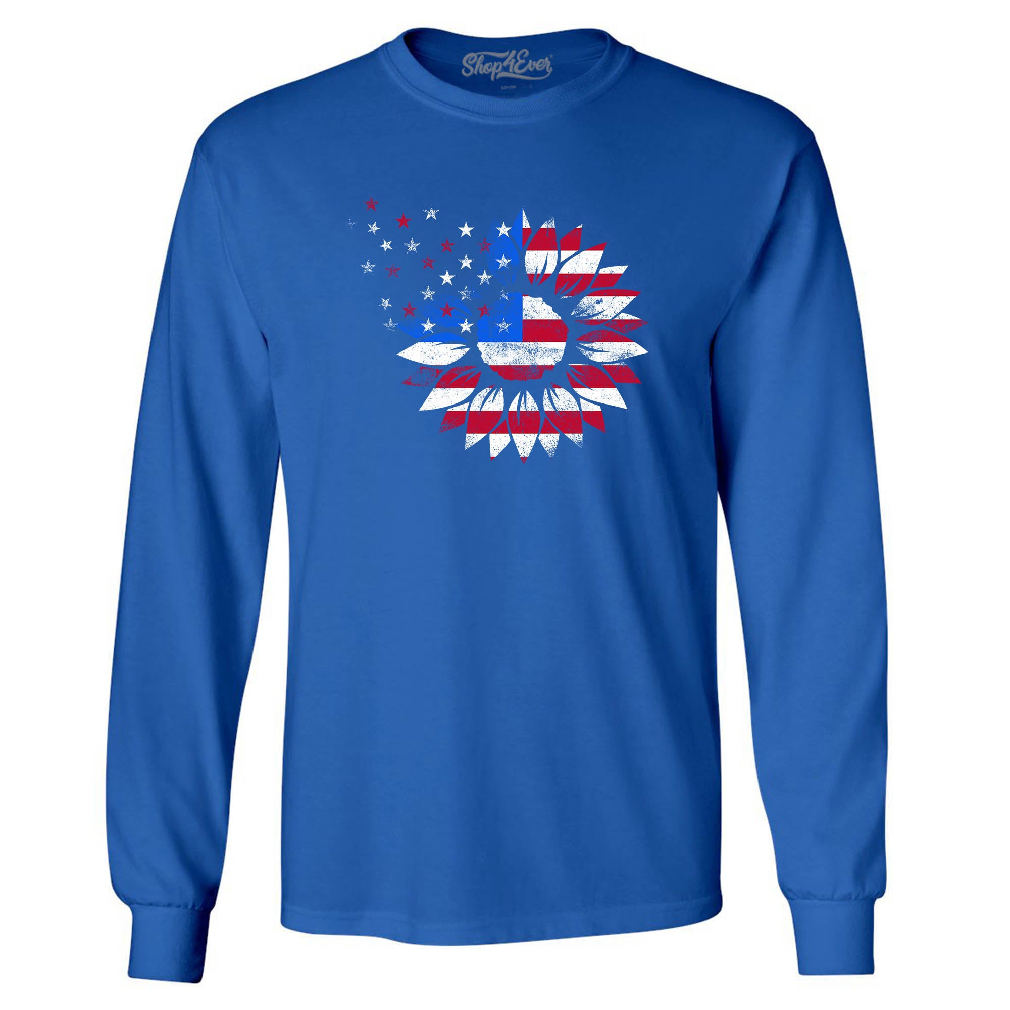 American Flag Sunflower Flower Star 4th of July Long Sleeve Shirt