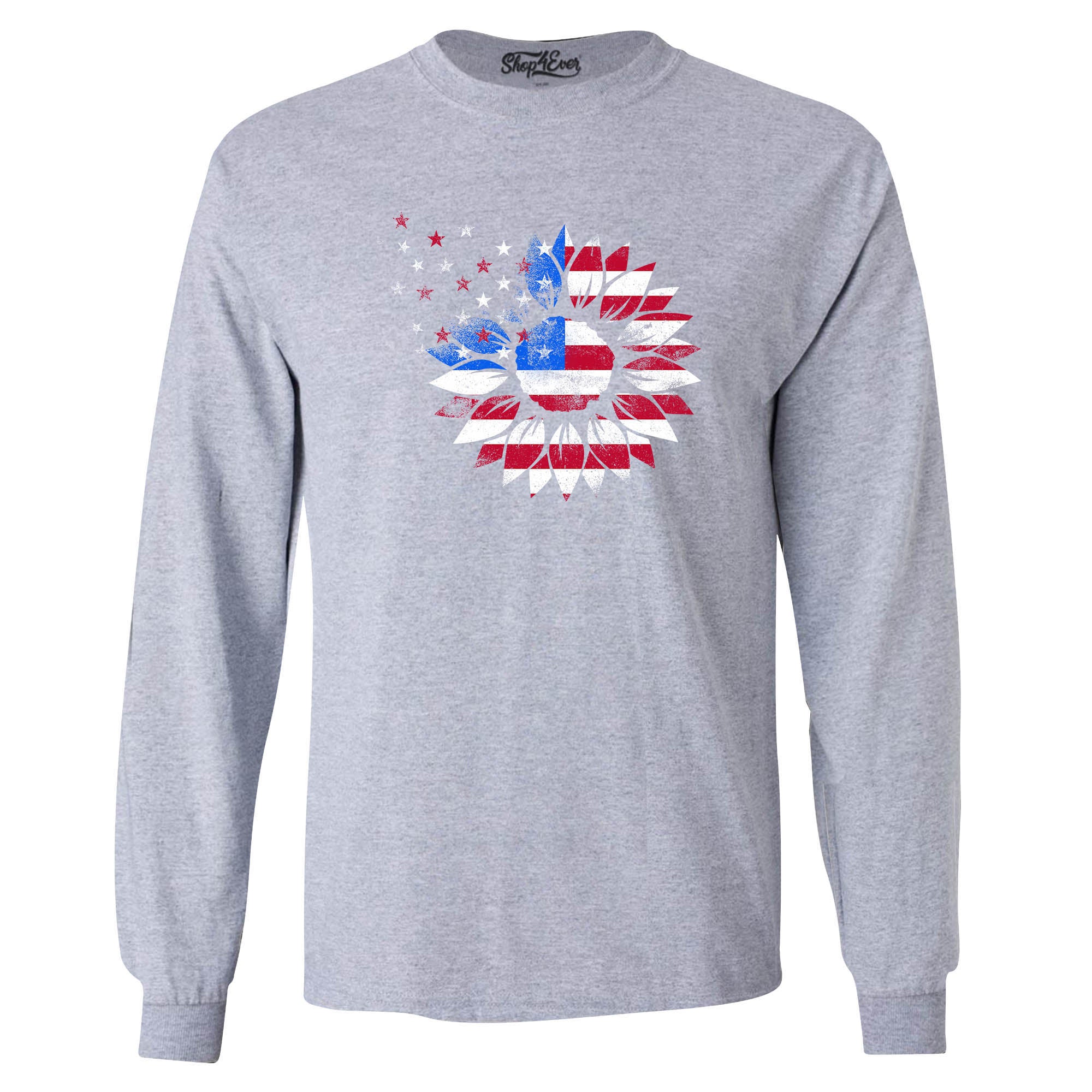 American Flag Sunflower Flower Star 4th of July Long Sleeve Shirt