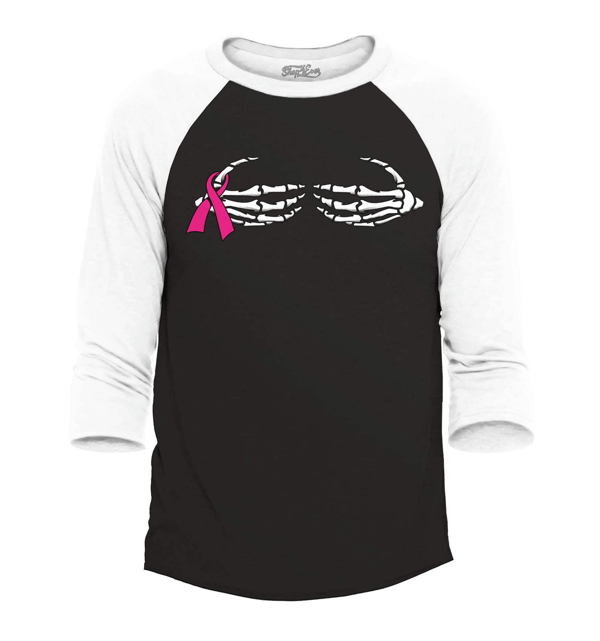 Skeleton Hands Pink Ribbon Breast Cancer Awareness Raglan Baseball Shirt