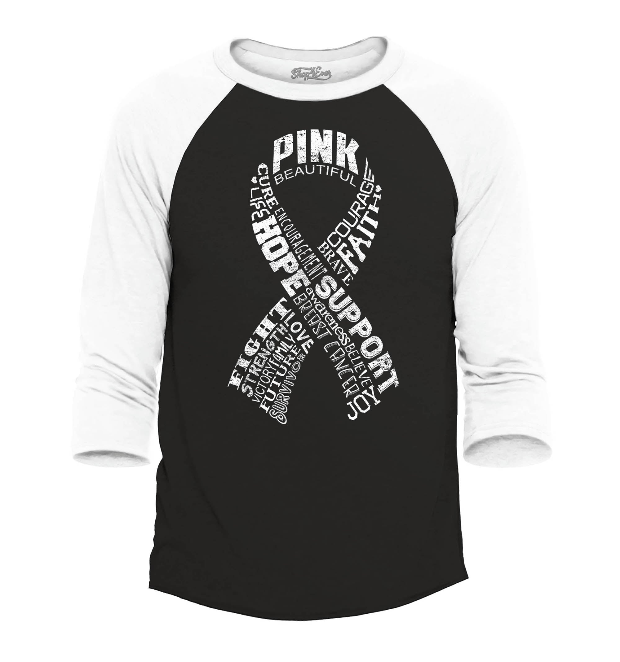 Pink Ribbon Montage Breast Cancer Word Cloud Raglan Baseball Shirt