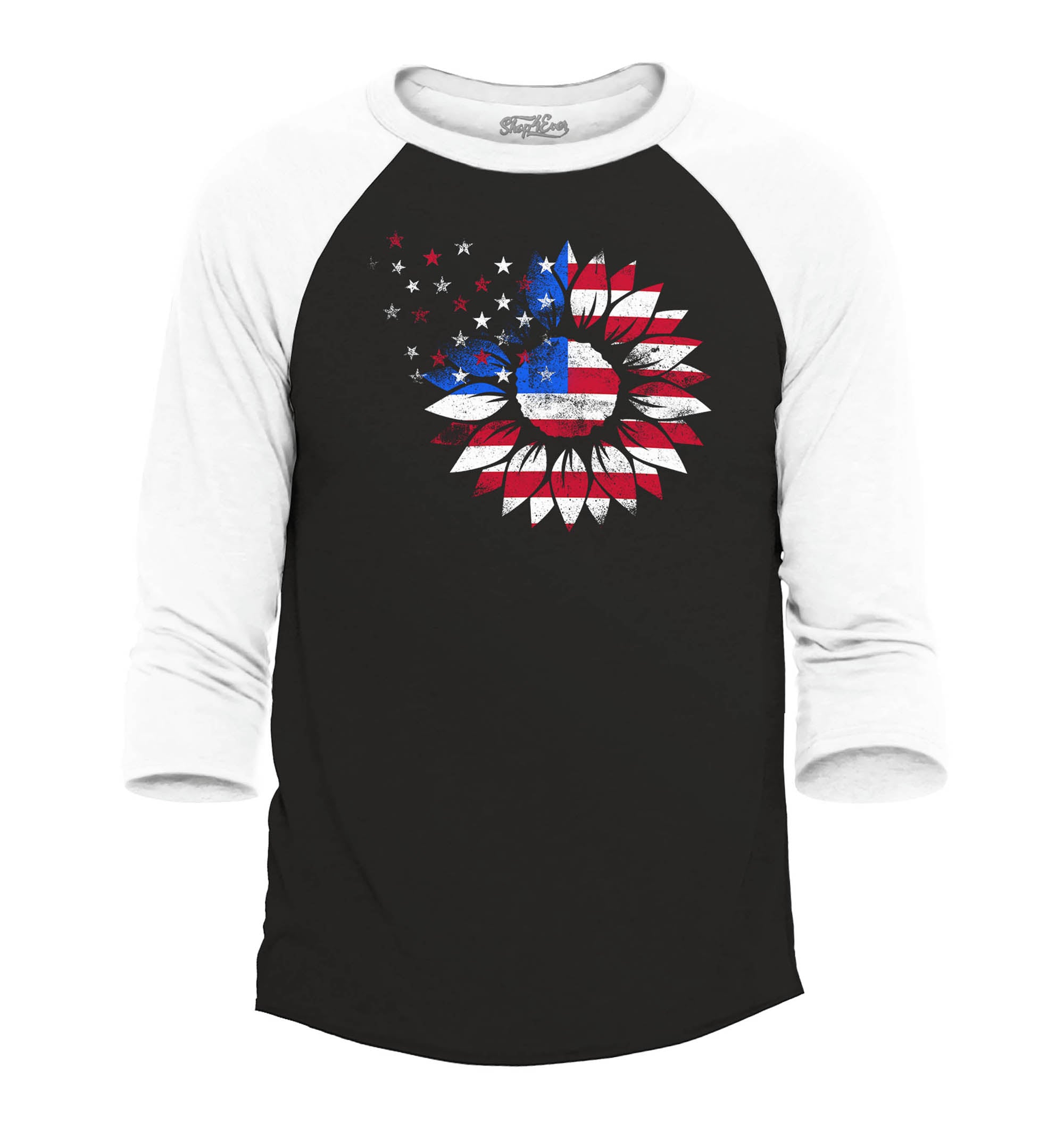 American Flag Sunflower Flower Star 4th of July Raglan Baseball Shirt