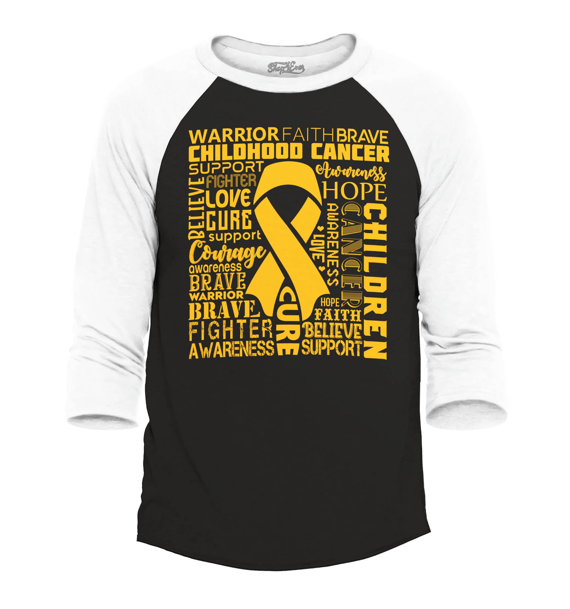 Childhood Cancer Awareness Gold Ribbon Word Cloud Raglan Baseball Shirt