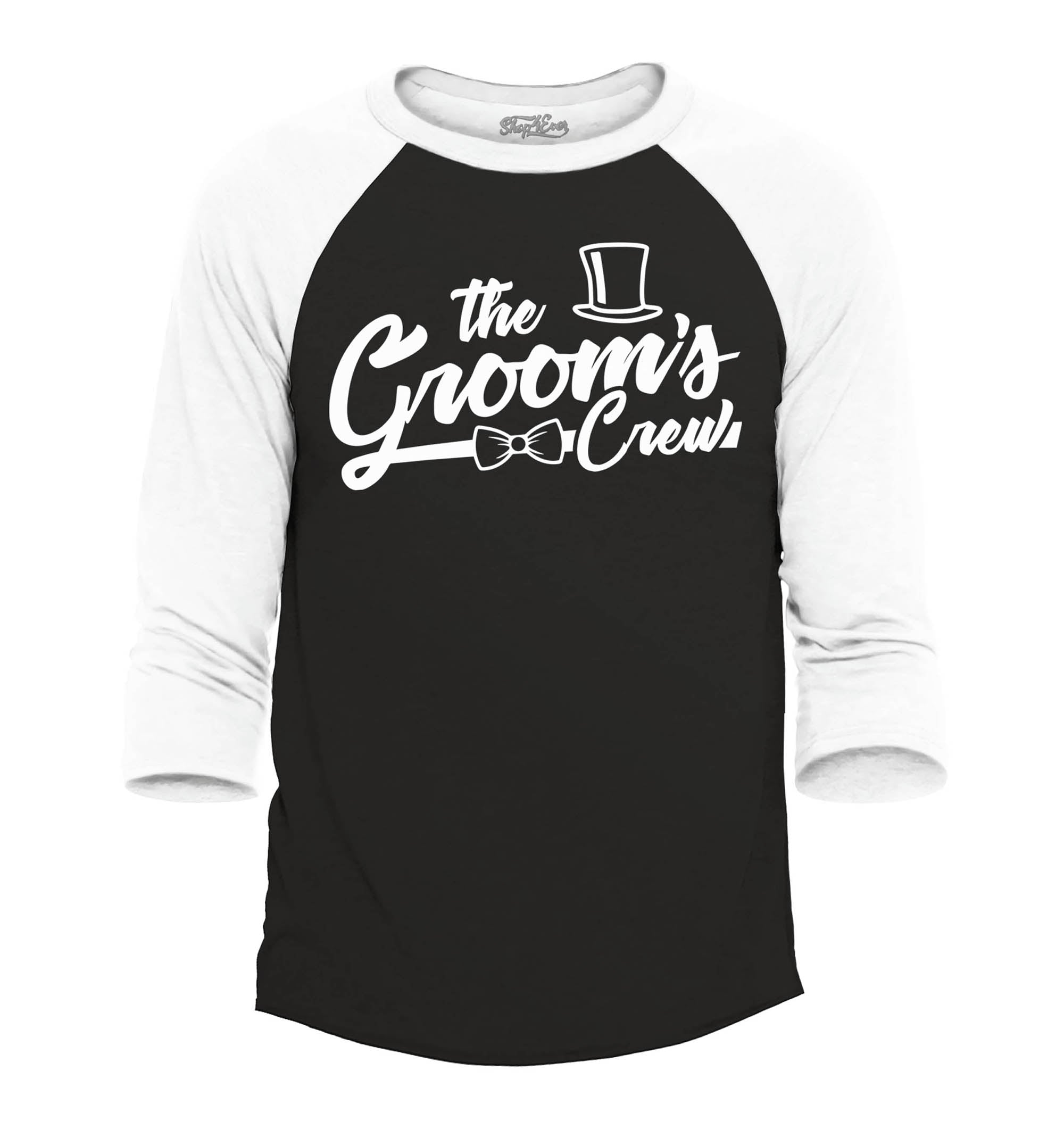 The Groom's Crew Top Hat Bow Tie Wedding Raglan Baseball Shirt