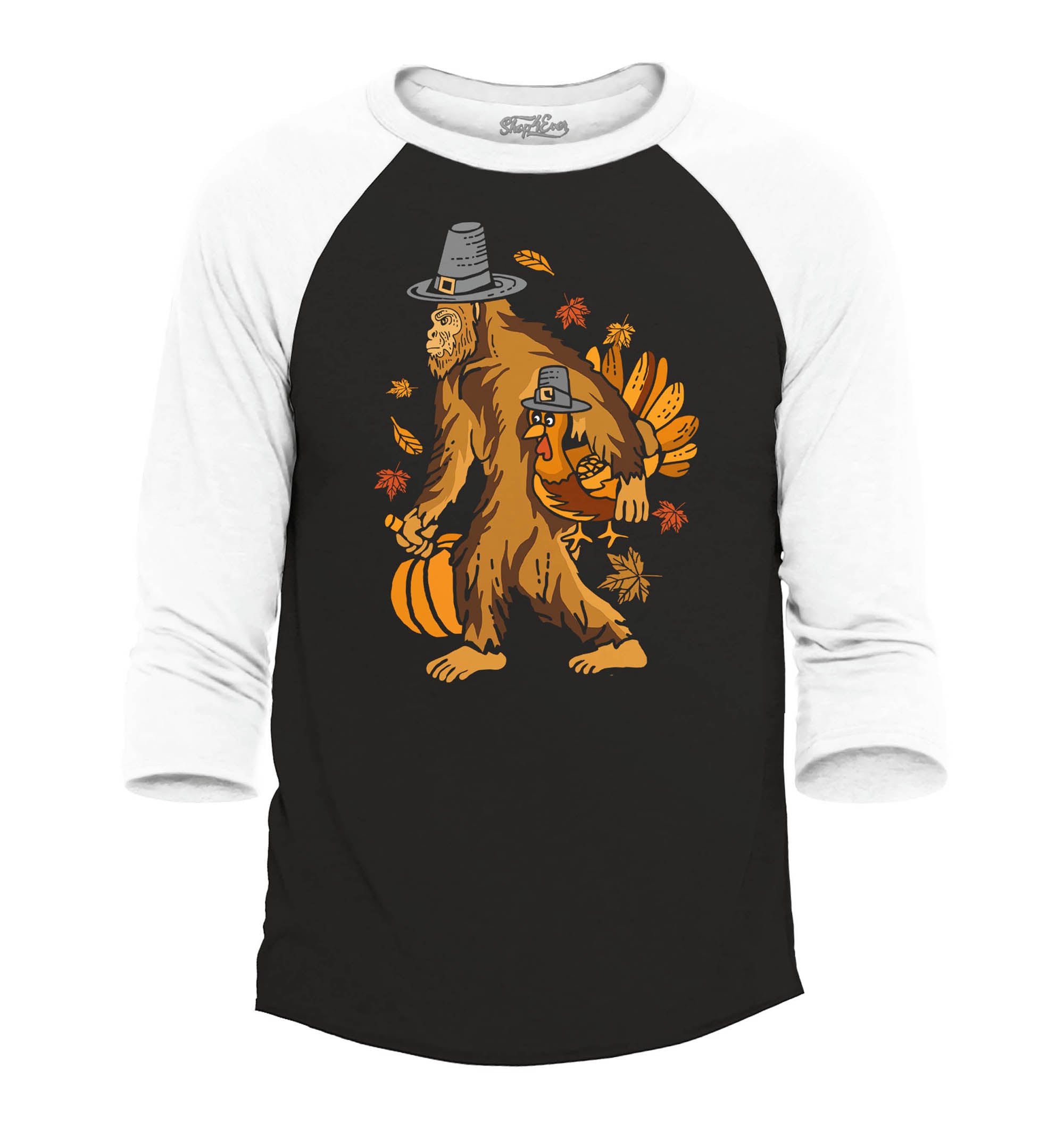 Bigfoot Pilgrim Turkey Pumpkin Thanksgiving Sasquatch Raglan Baseball Shirt
