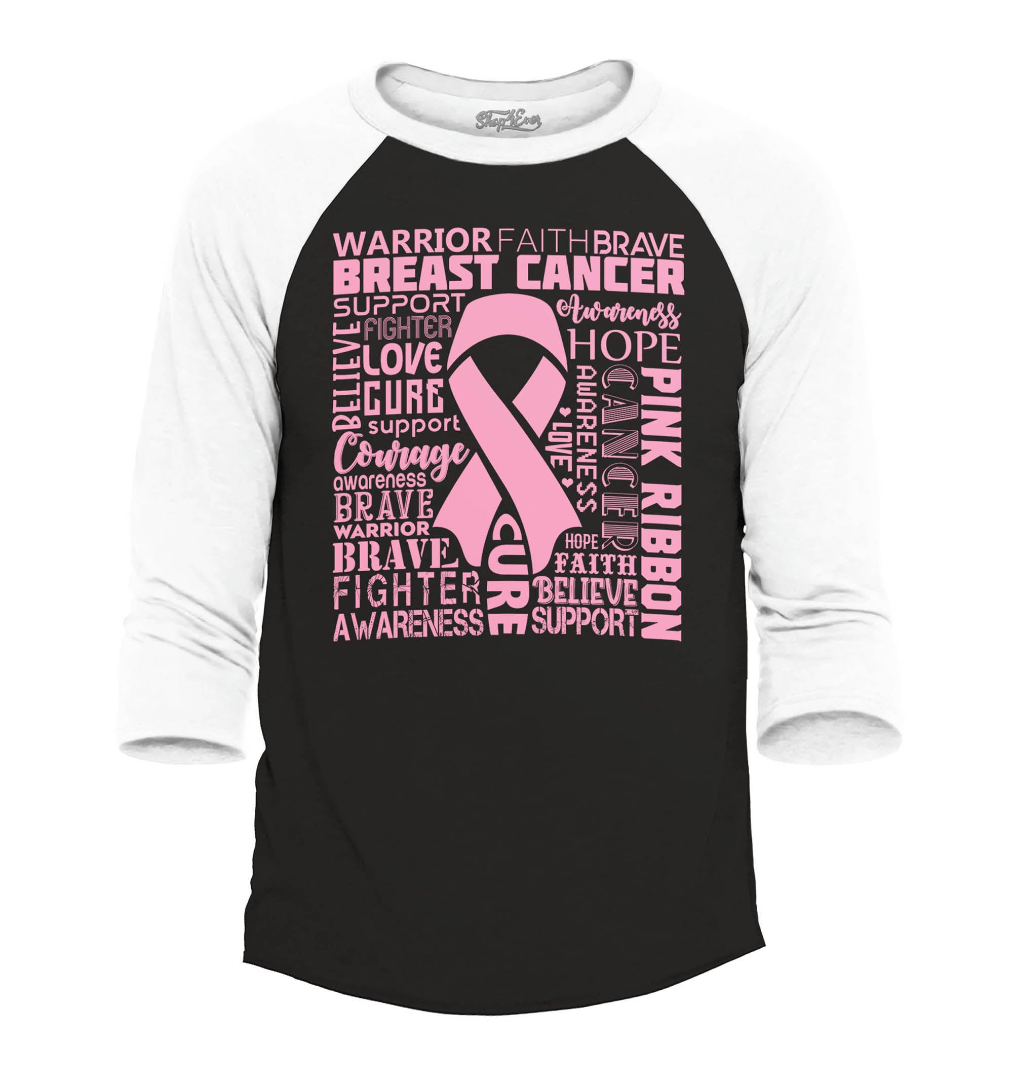 Breast Cancer Awareness Pink Ribbon Word Cloud Raglan Baseball Shirt