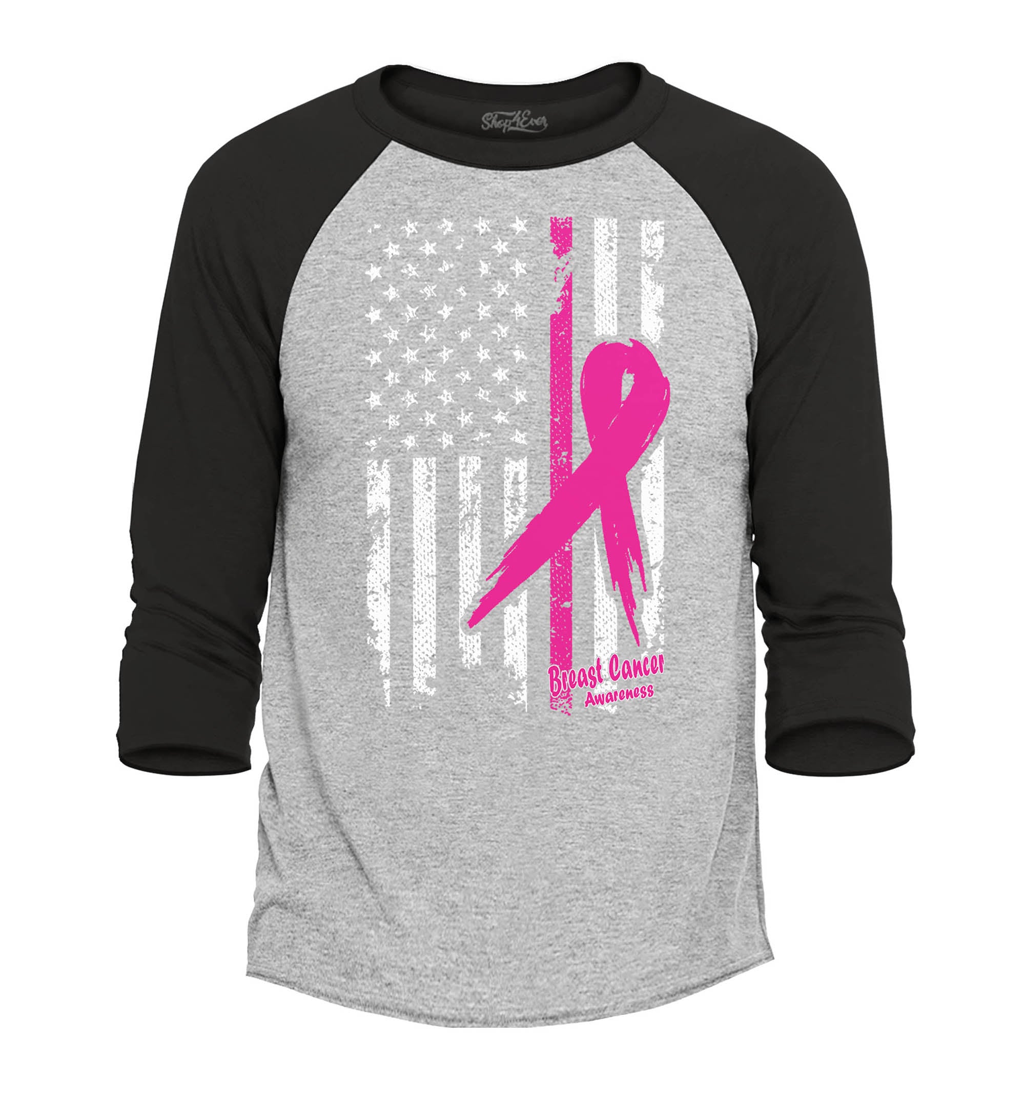 Pink Ribbon American Flag Breast Cancer Awareness Raglan Baseball Shirt