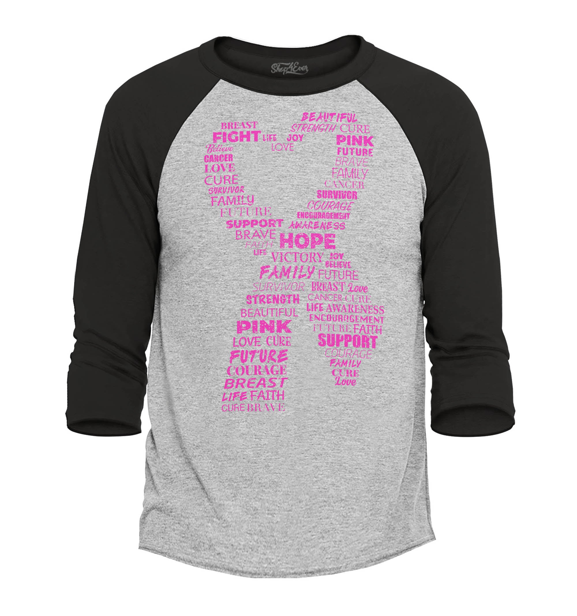 Pink Heart Ribbon Montage Breast Cancer Word Cloud Support Awareness Raglan Baseball Shirt