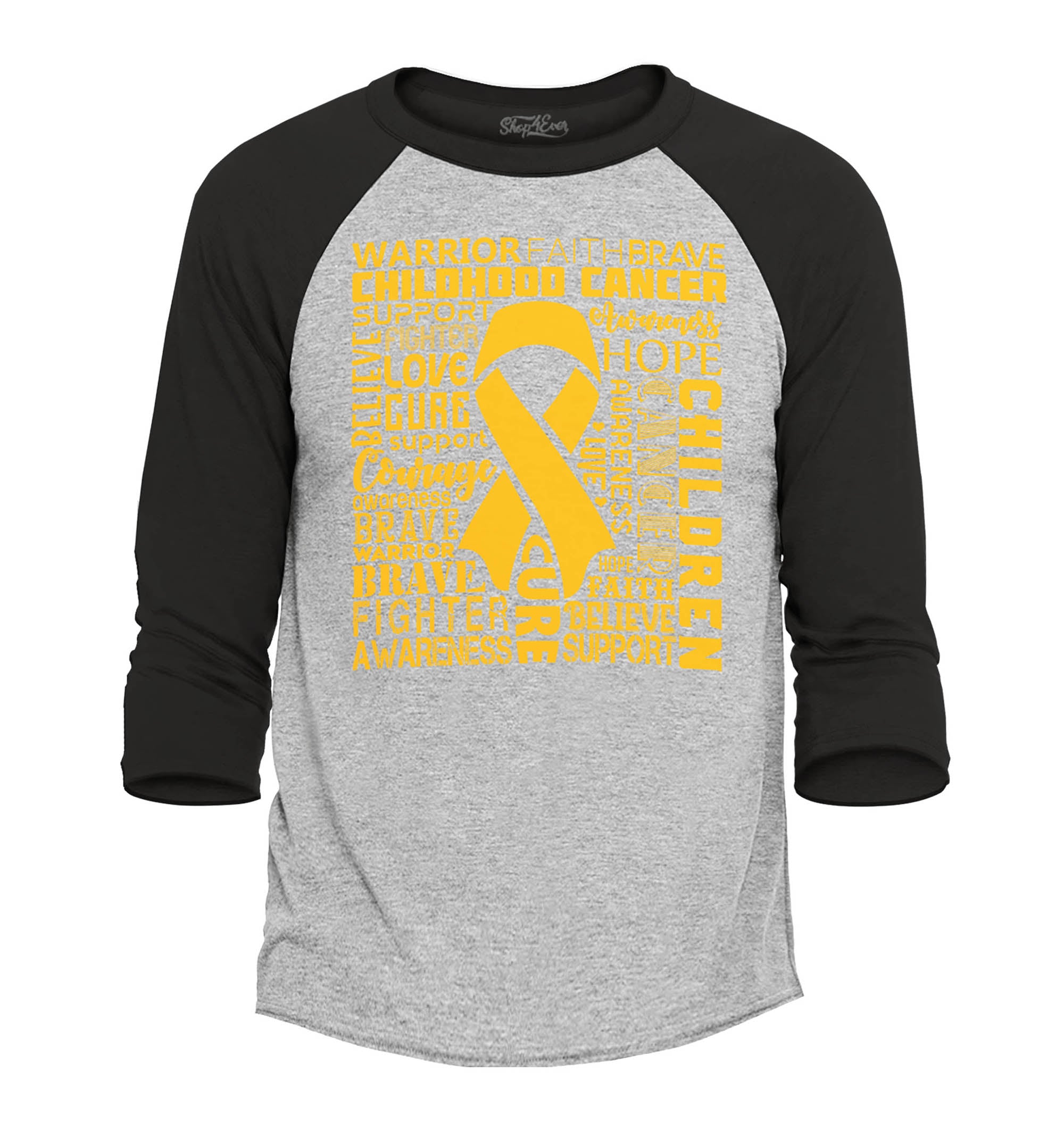 Childhood Cancer Awareness Gold Ribbon Word Cloud Raglan Baseball Shirt