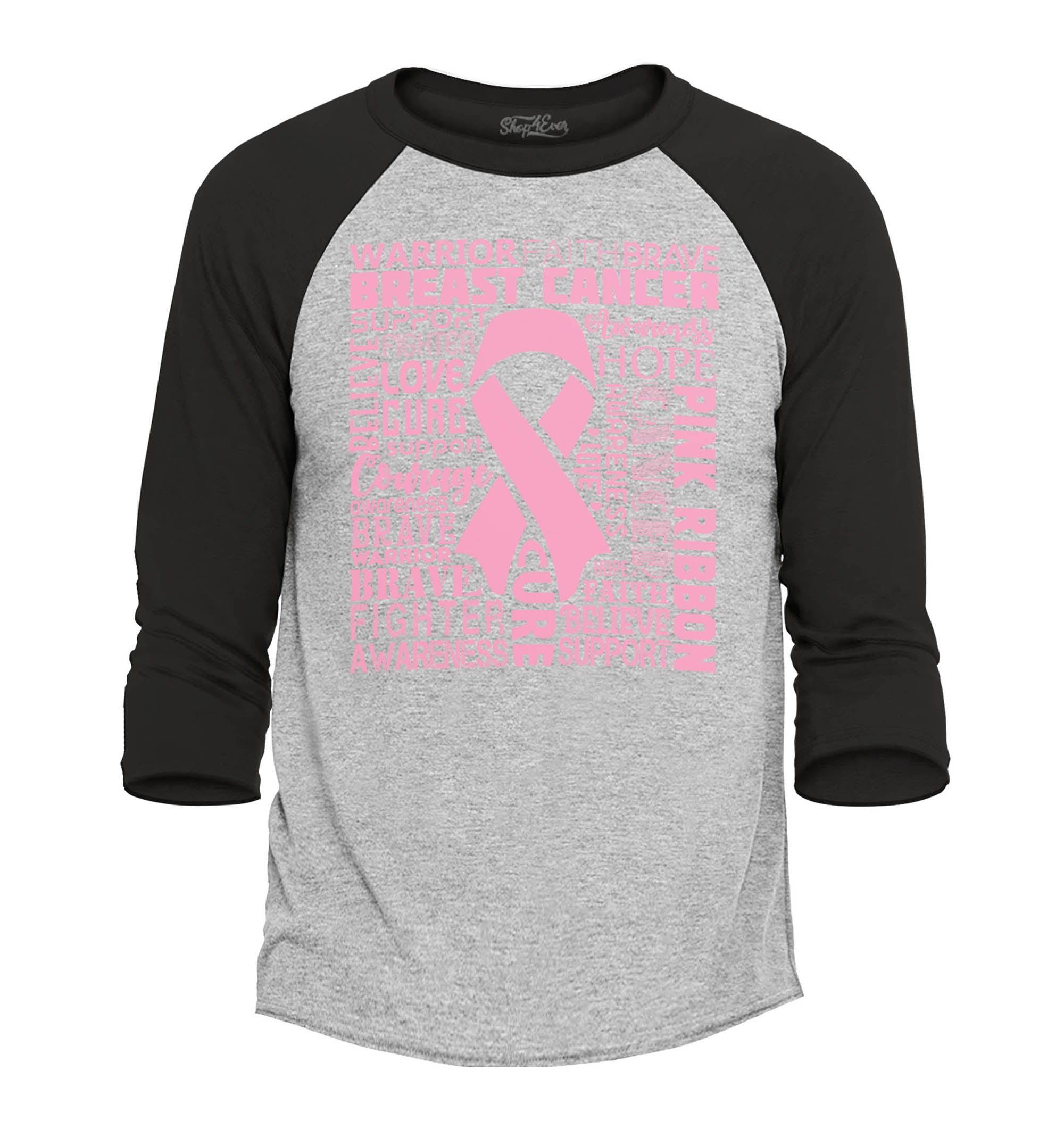 Breast Cancer Awareness Pink Ribbon Word Cloud Raglan Baseball Shirt