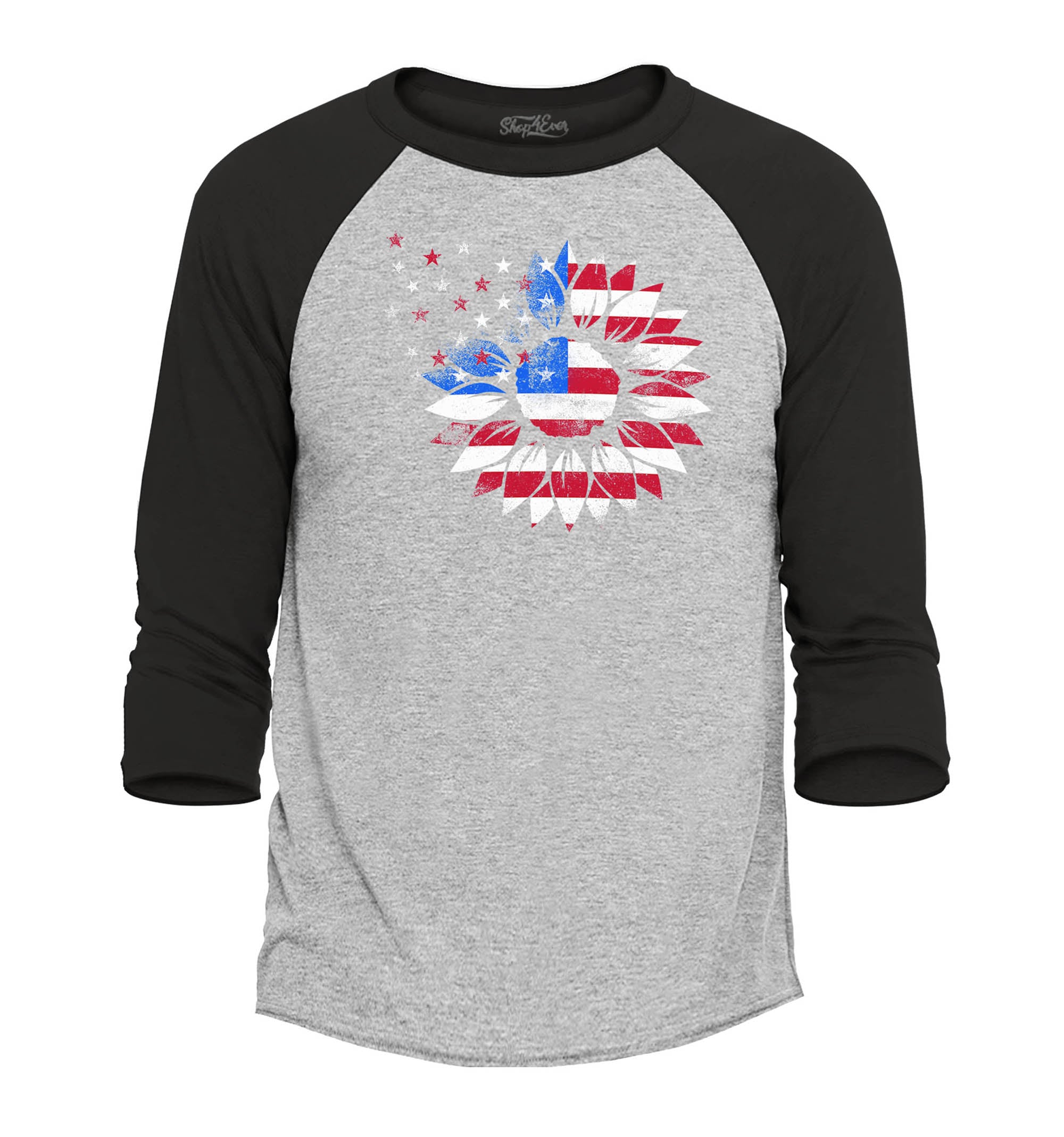 American Flag Sunflower Flower Star 4th of July Raglan Baseball Shirt