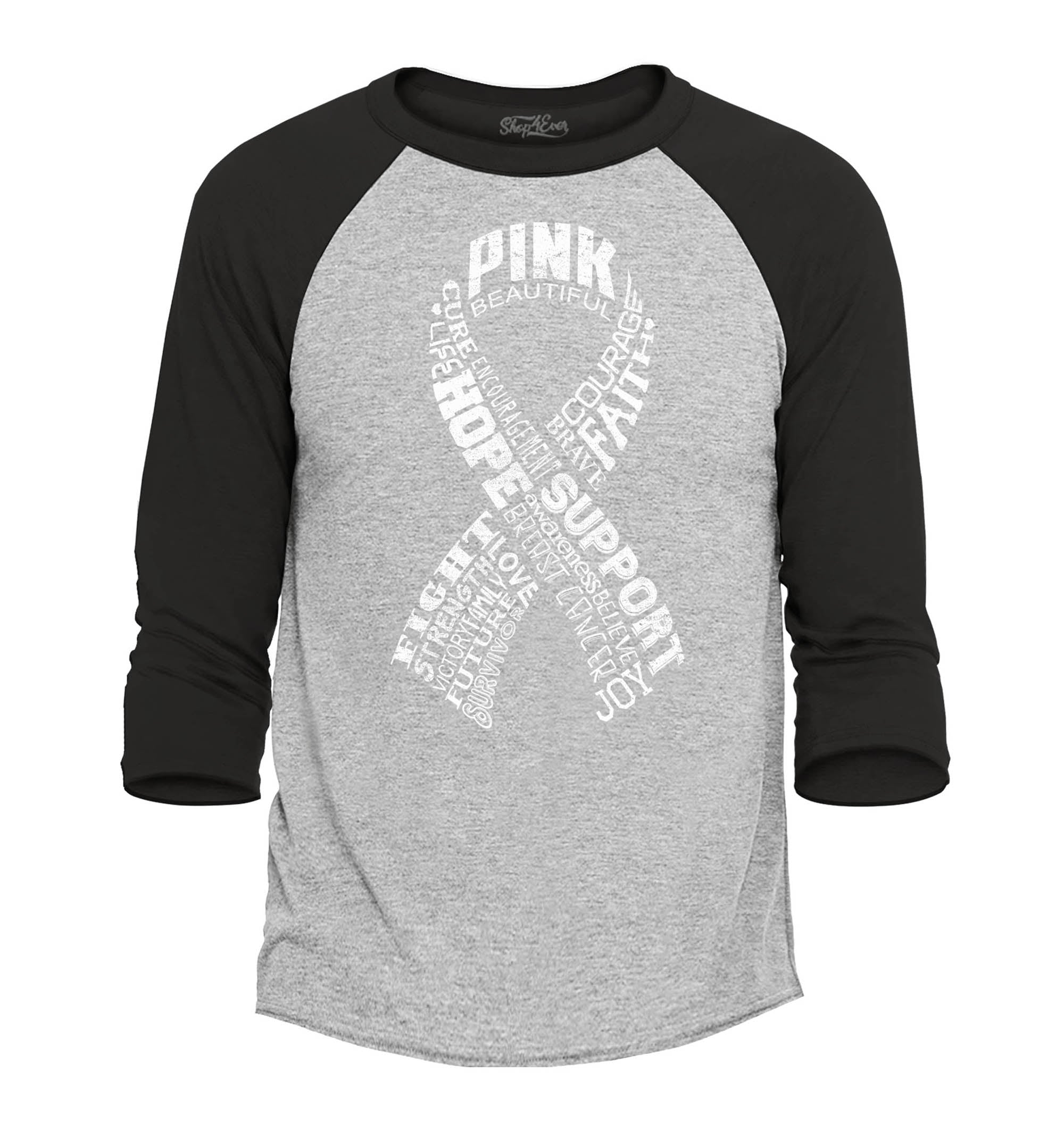 Pink Ribbon Montage Breast Cancer Word Cloud Raglan Baseball Shirt