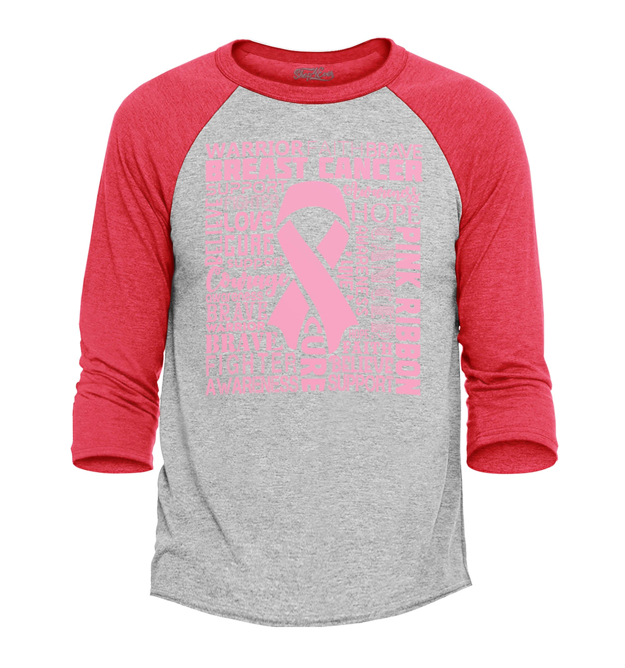 Breast Cancer Awareness Pink Ribbon Word Cloud Raglan Baseball Shirt