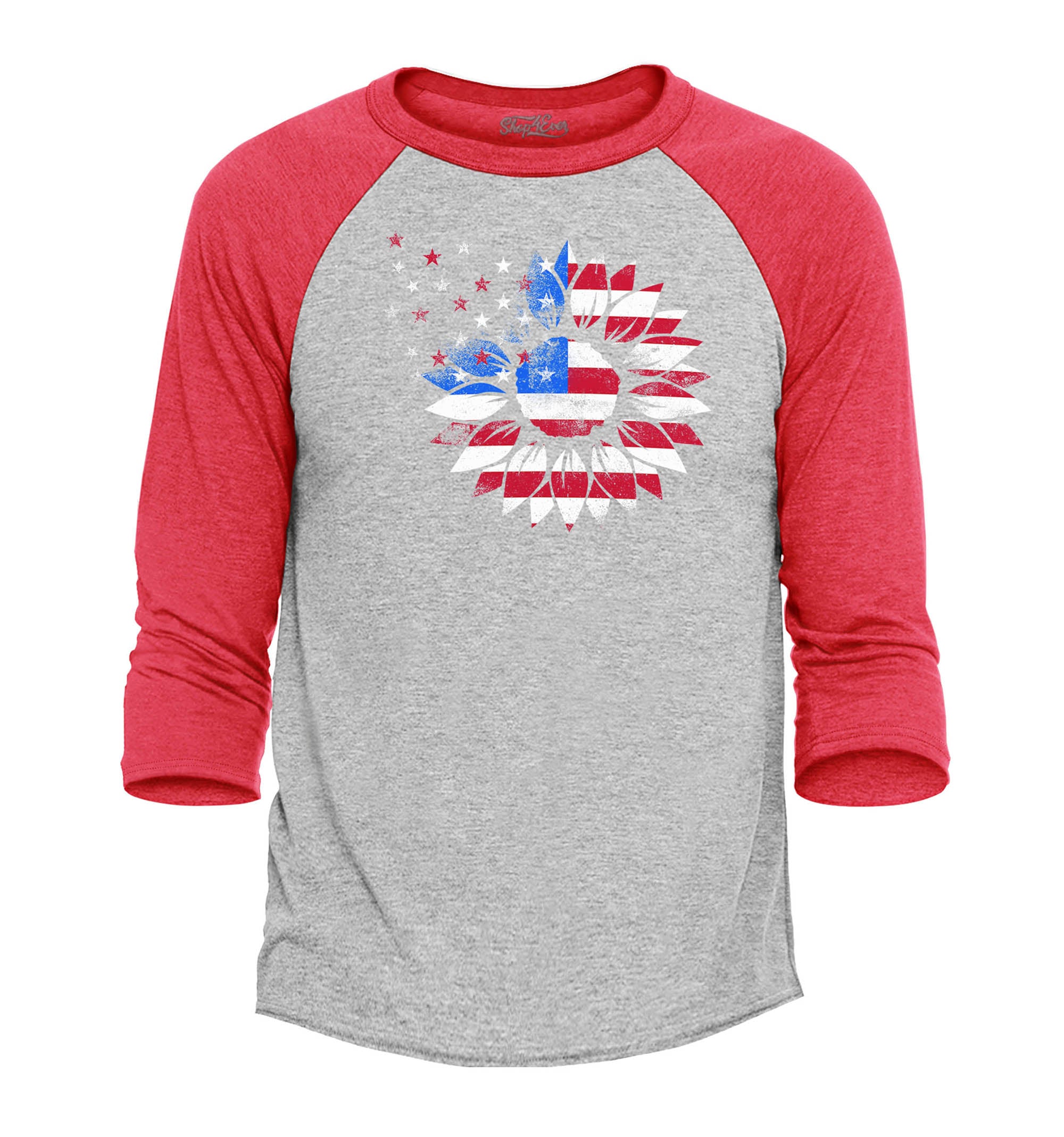 American Flag Sunflower Flower Star 4th of July Raglan Baseball Shirt