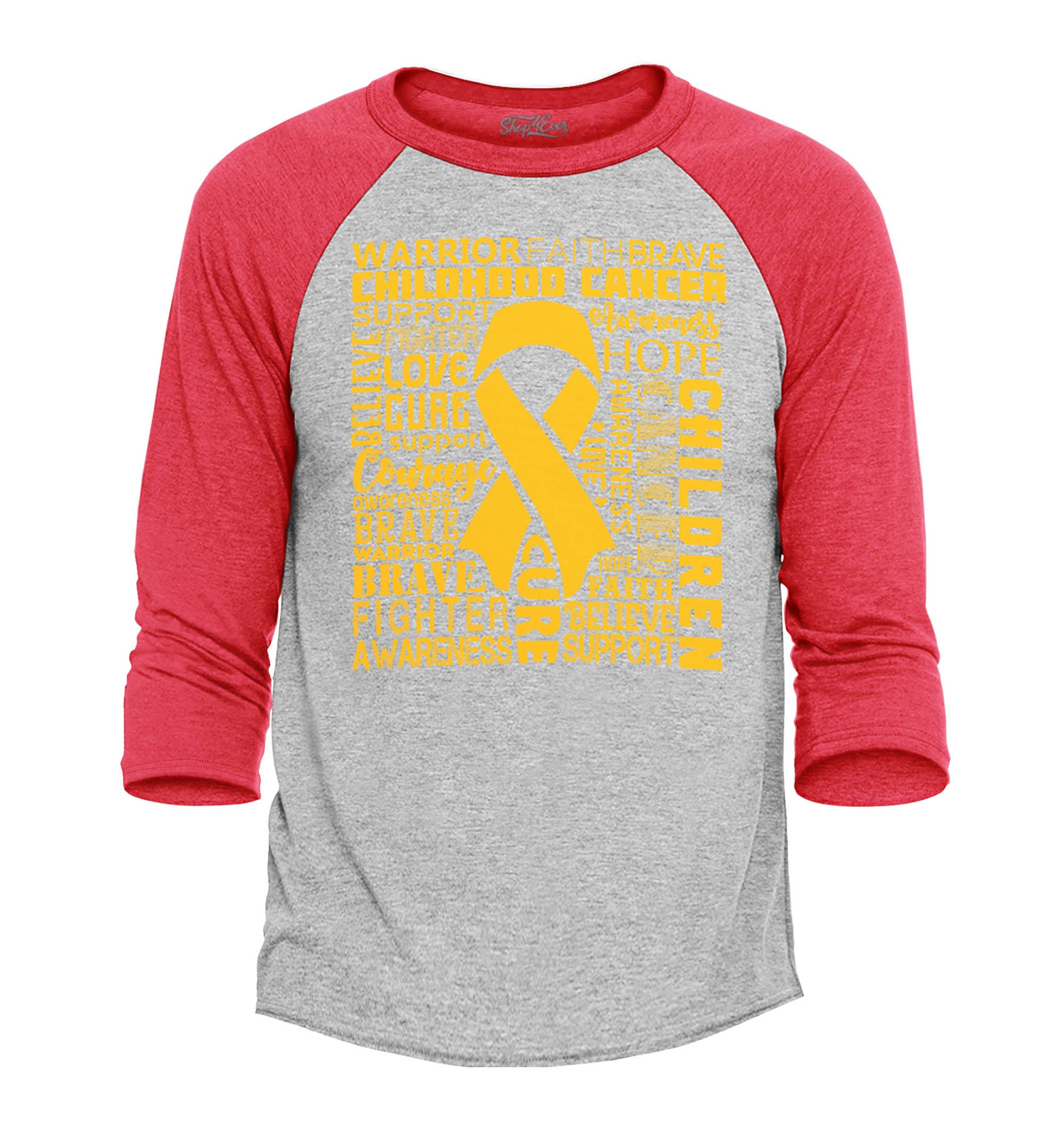 Childhood Cancer Awareness Gold Ribbon Word Cloud Raglan Baseball Shirt
